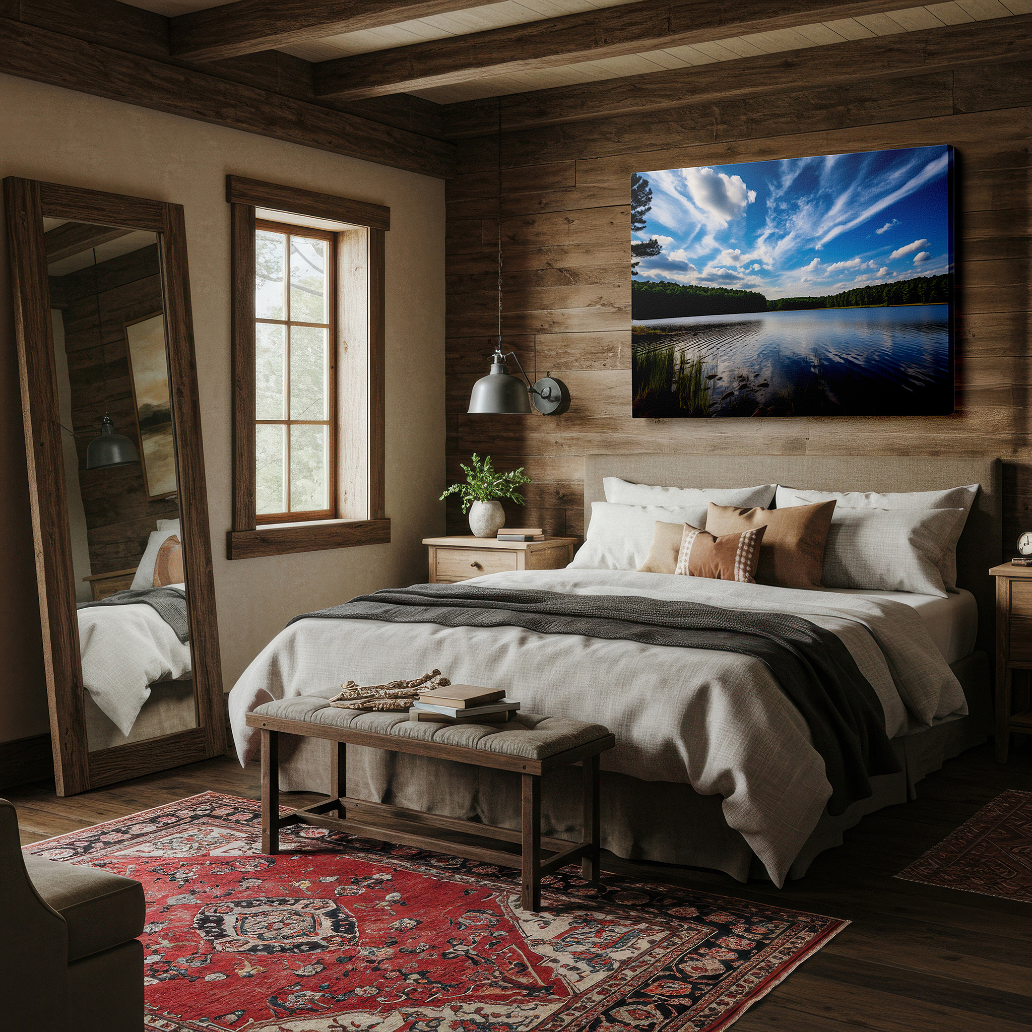 Balanced between two tall indoor plants near a window — serene lake and towering pines reflective water scene large canvas wall art for office, bedroom, and living room decor