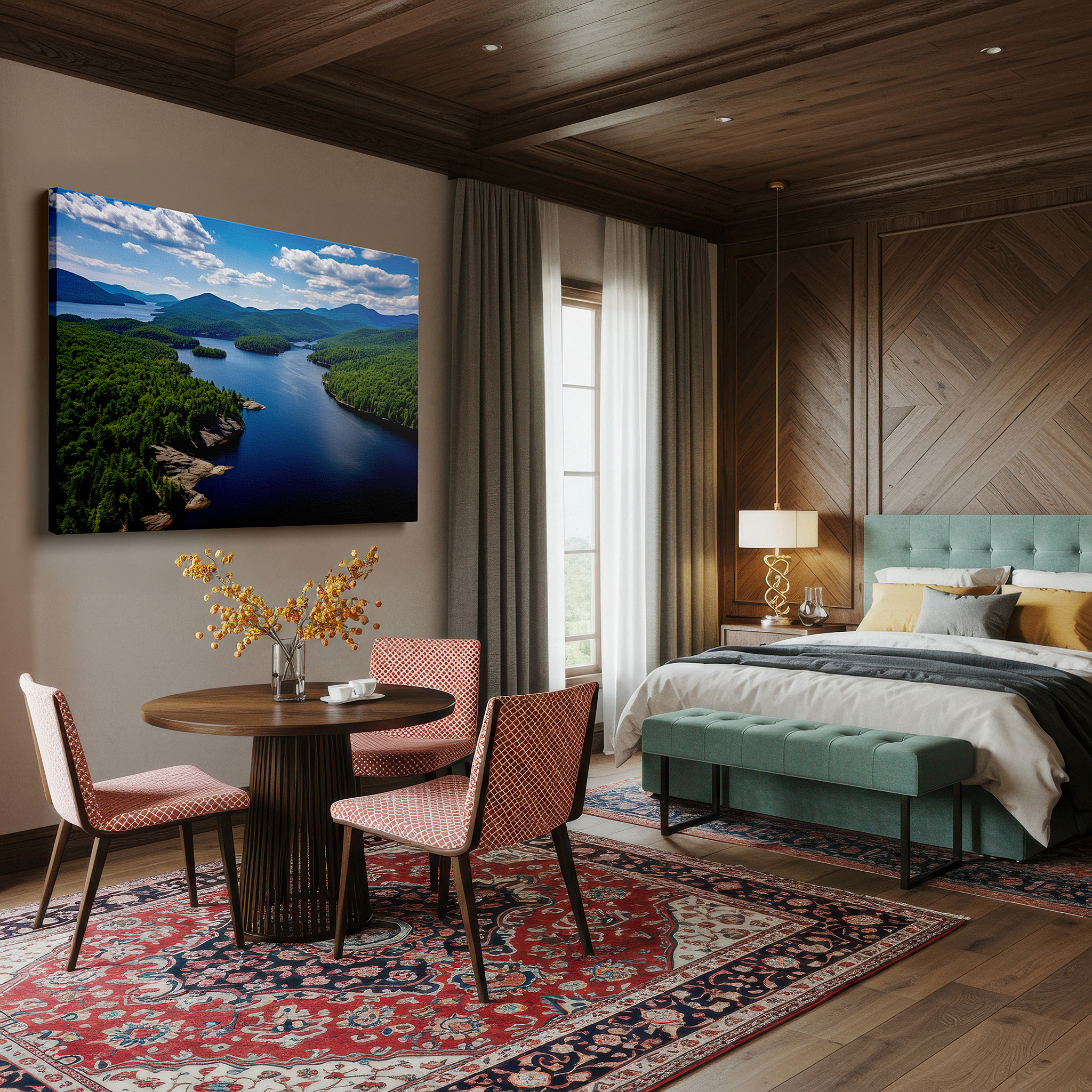 Balanced between two tall indoor plants near a window — serene lake and verdant hills - peaceful aerial nature scene large wall art, canvas wall art, wall decor for office and bedroom