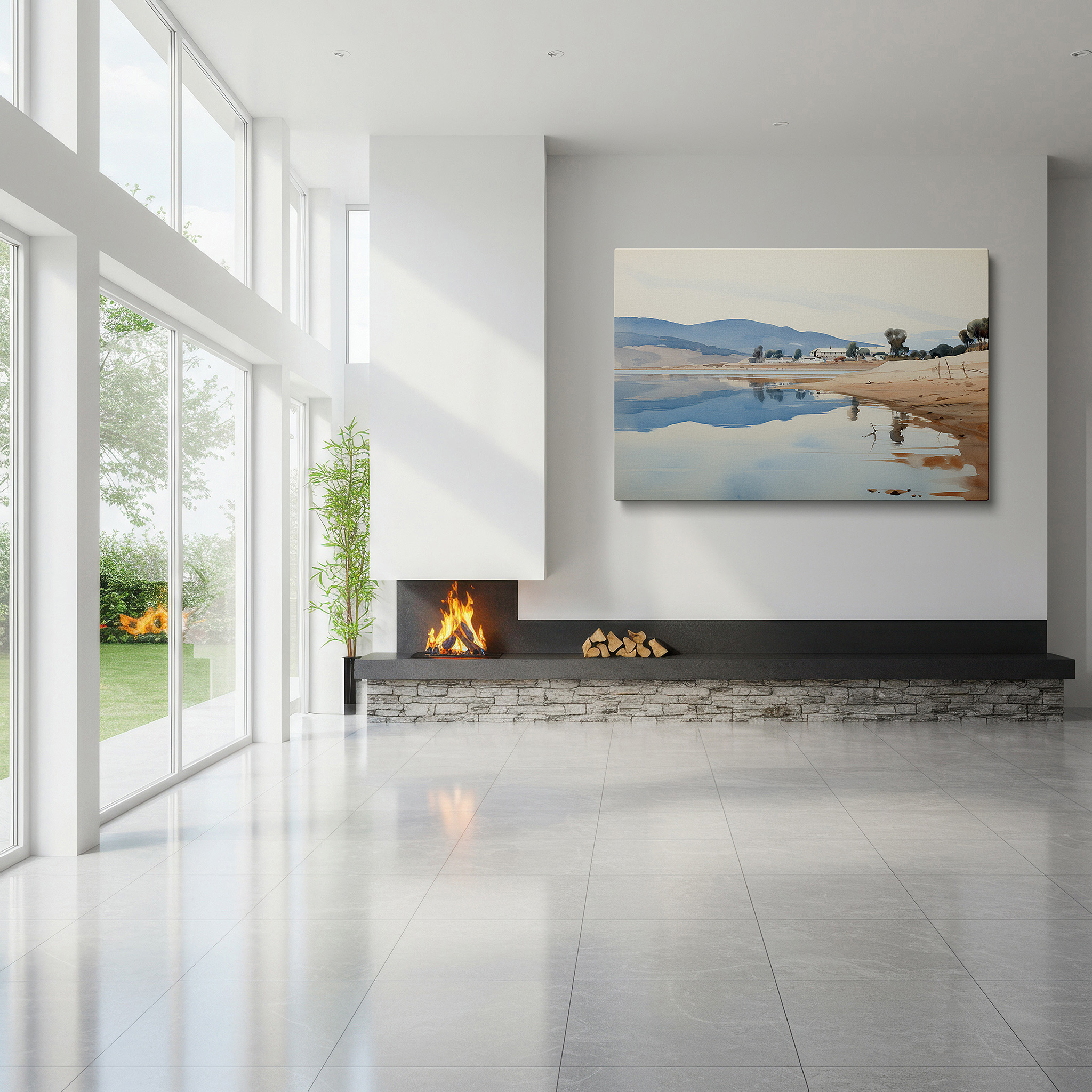 Balanced between two tall indoor plants near a window — serene lakeside at dawn: ethereal reflections of soft hues in tranquil waters - large canvas wall art for office and bedroom decor