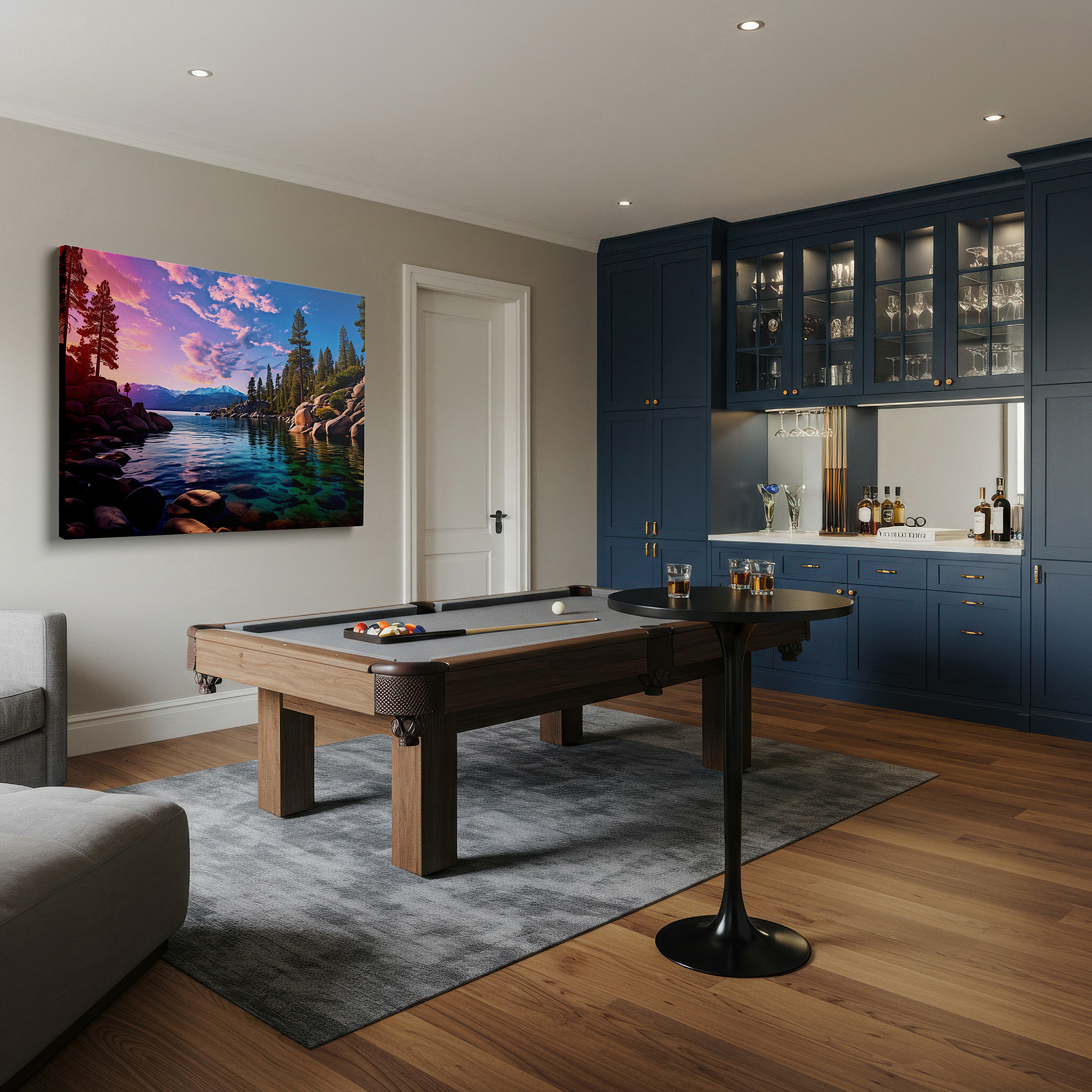 Balanced between two tall indoor plants near a window — serene lakeside sunset: a tranquil reflection of nature's fiery palette - large canvas wall art for home and office decor