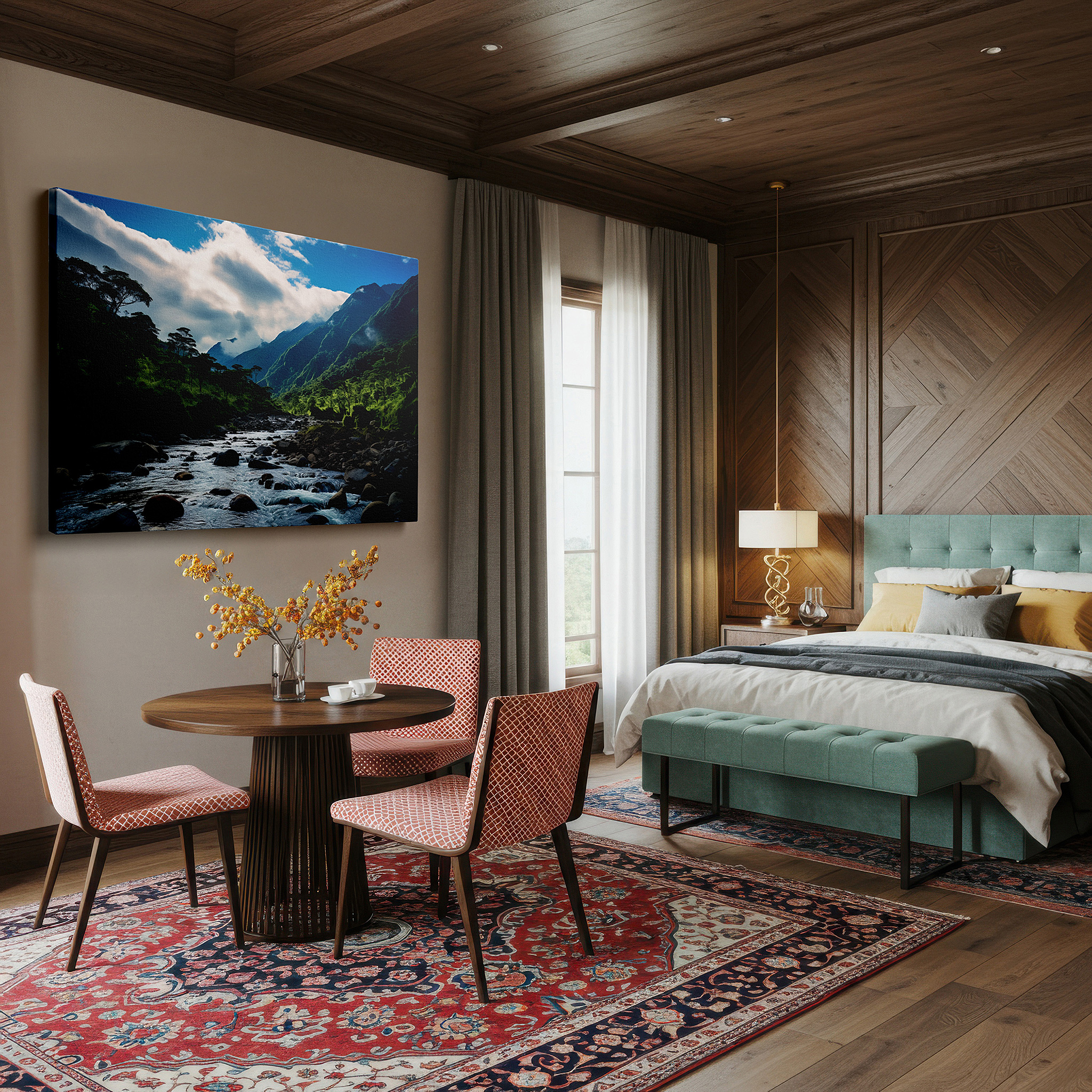 Balanced between two tall indoor plants near a window — serene mountain river flowing through verdant hills beneath a vibrant blue sky - large canvas wall art for office and bedroom decor