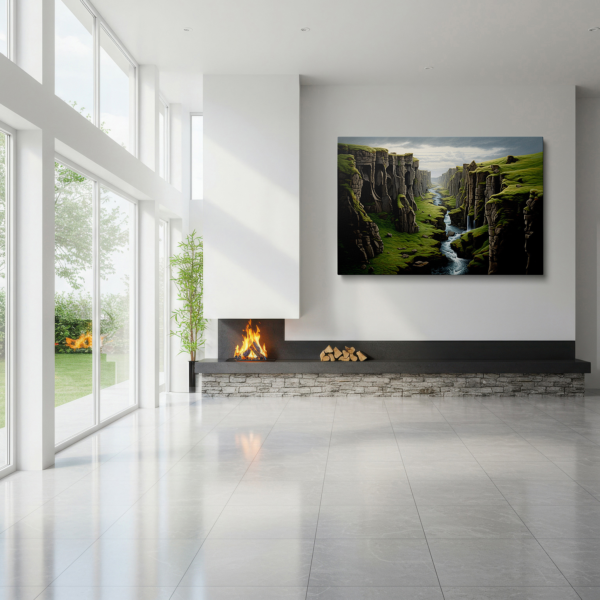 Balanced between two tall indoor plants near a window — serene river and majestic cliffs in a spacious canyon scene large wall art, canvas wall art, wall decor for office, bedroom wall decor, living room art
