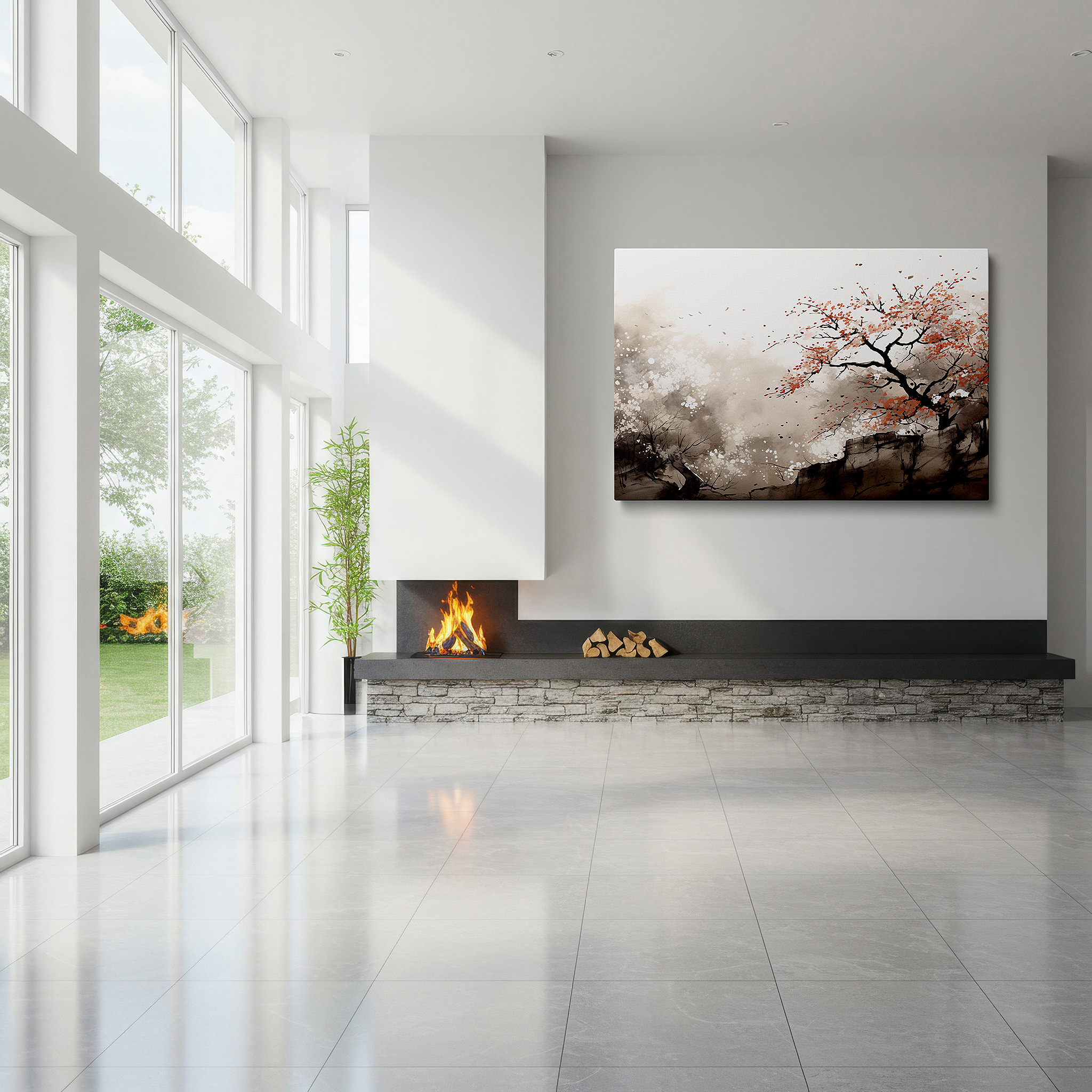 Balanced between two tall indoor plants near a window — serene solitude - minimalist ink wash depicting a lone autumn tree, large canvas wall art for office and bedroom decor