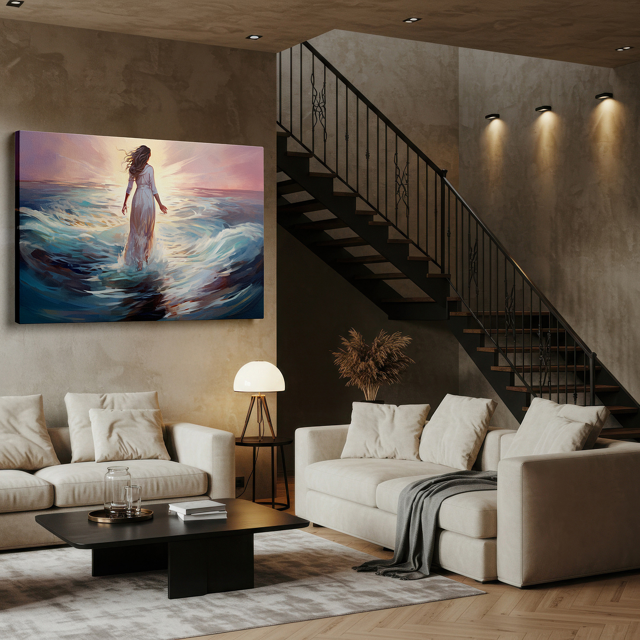 Balanced between two tall indoor plants near a window — serene solitude at sunset - tranquil seascape featuring a woman enveloped by the ocean large wall art, canvas wall art, wall decor for office