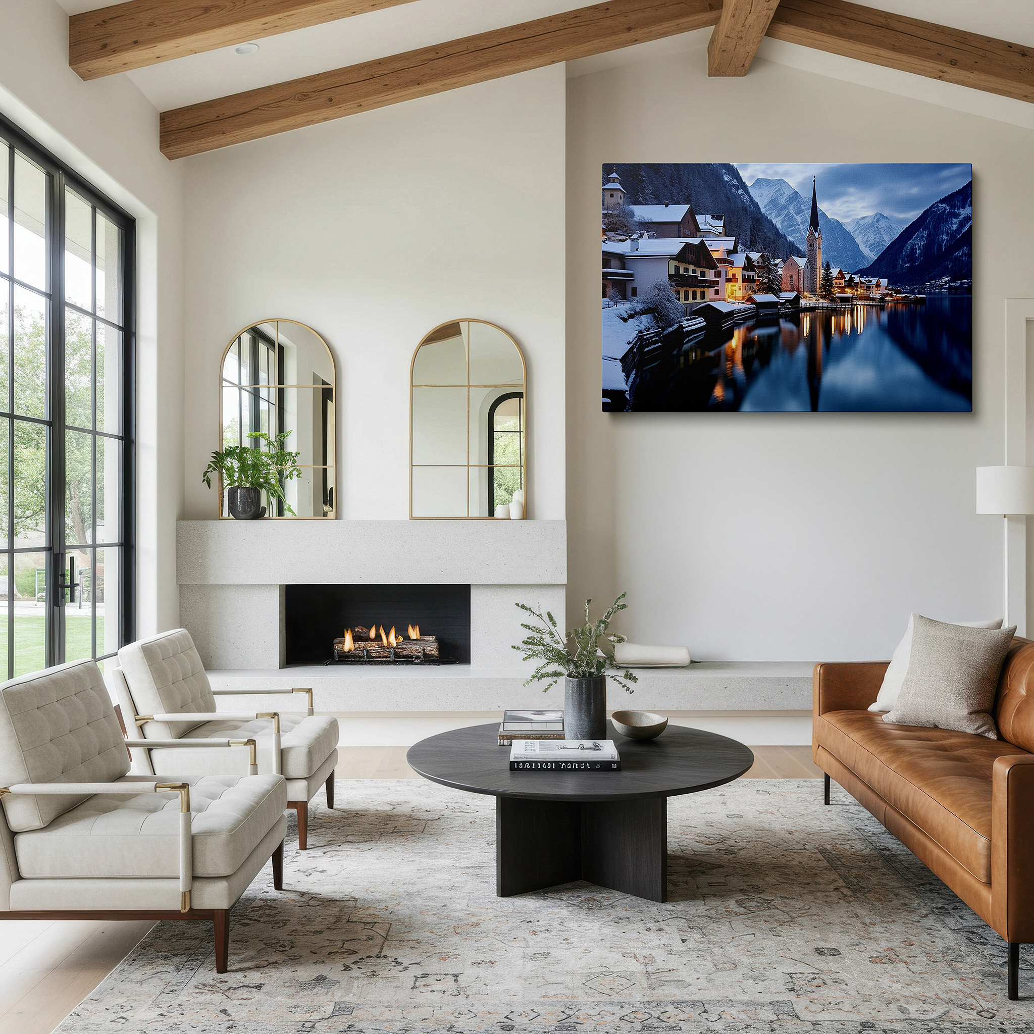 Balanced between two tall indoor plants near a window — serene winter night in a snow-covered village with twinkling lights and majestic mountain reflections large wall art, canvas wall art, wall decor
