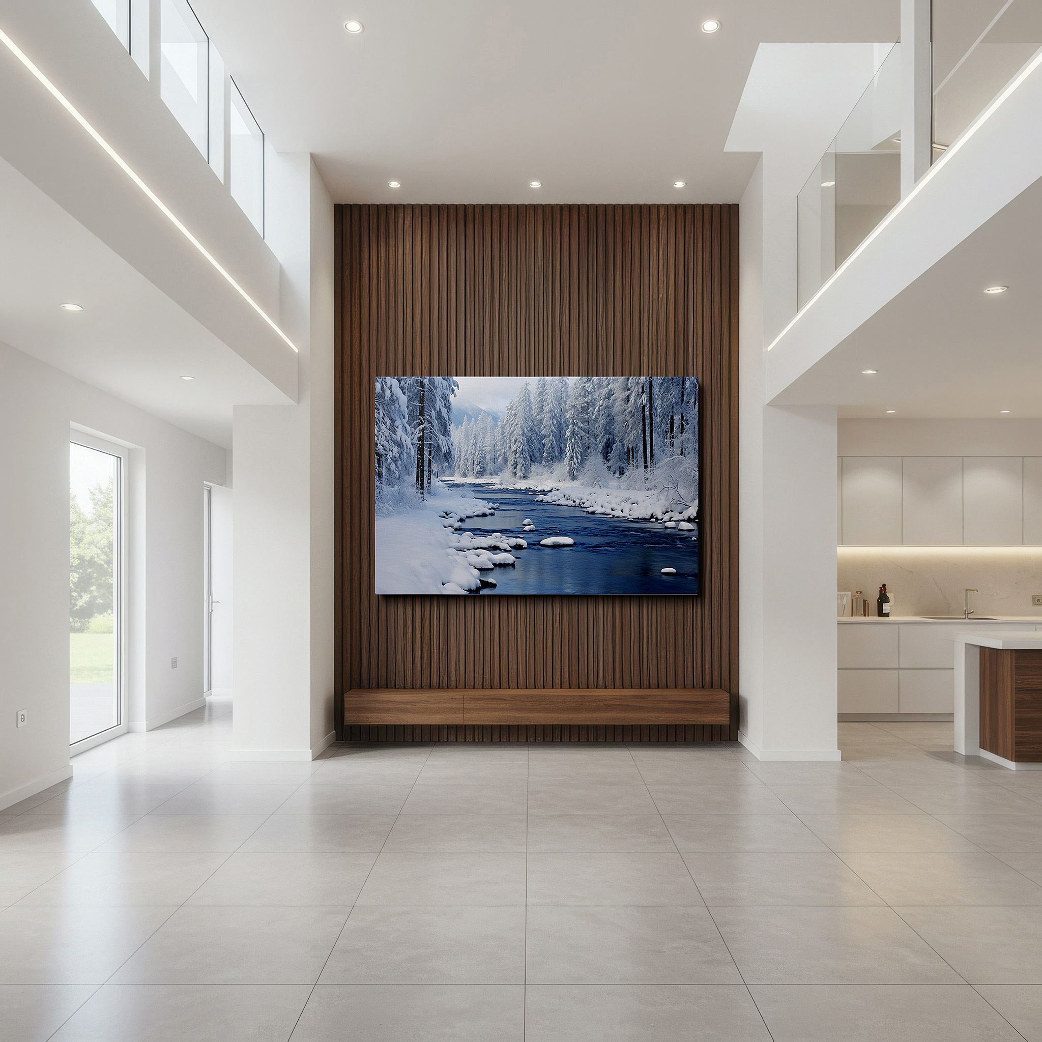 Balanced between two tall indoor plants near a window — serene winter river with snow-covered pines large wall art, canvas wall decor for office, bedroom, and living room
