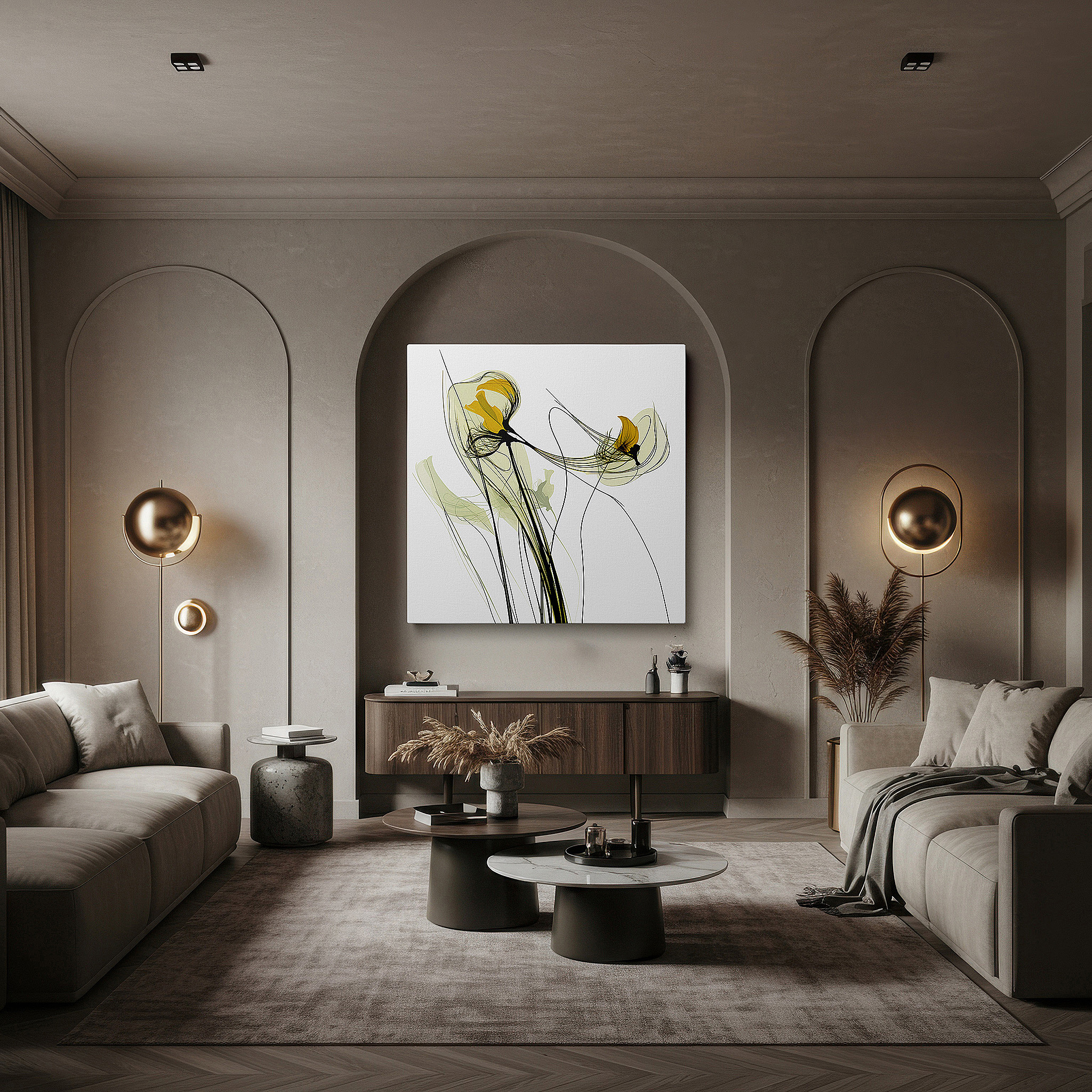 Balanced between two tall indoor plants near a window — soft-hued stylized flowers, tranquil abstract with vibrant accents, large canvas wall art for office decor