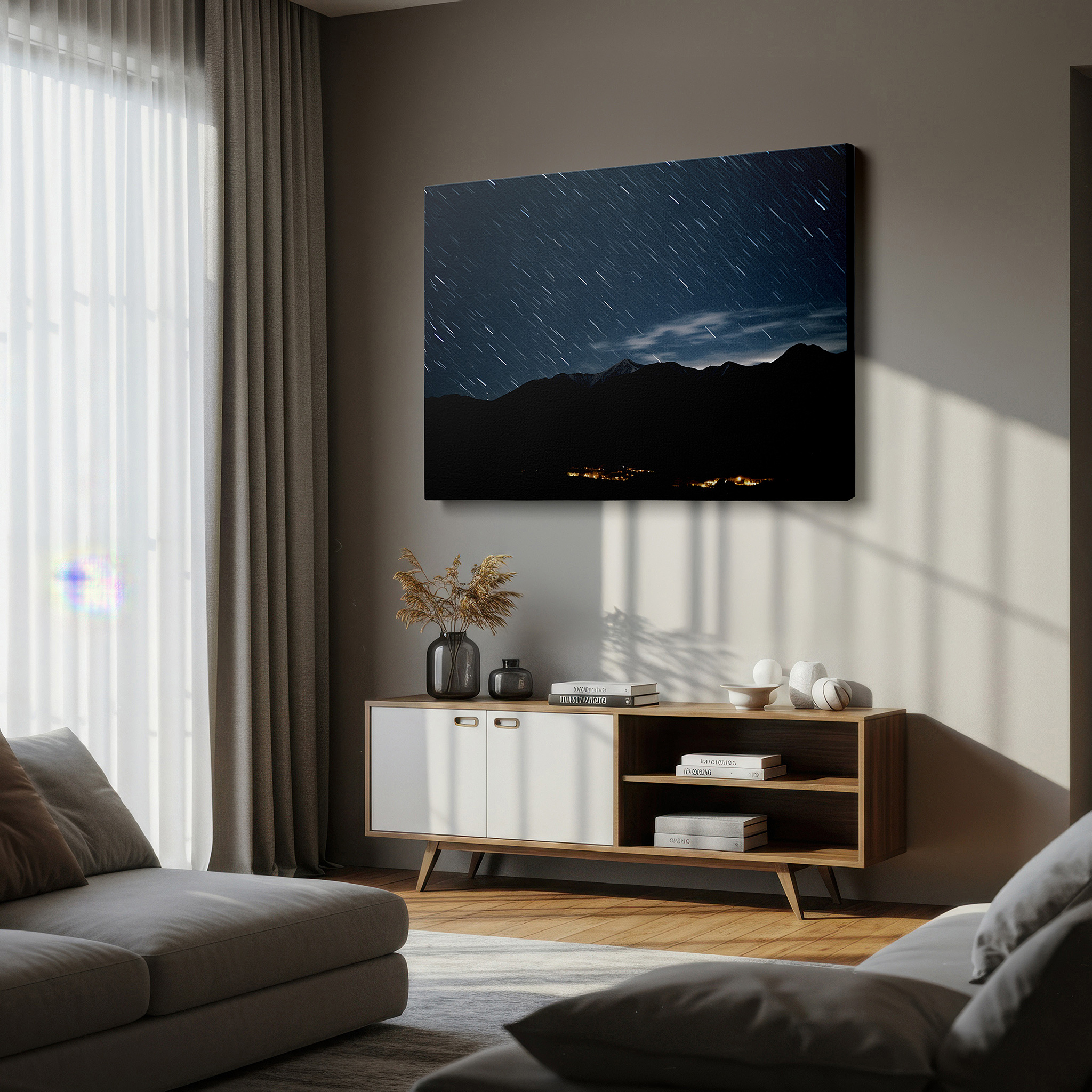 Balanced between two tall indoor plants near a window — star trails above rugged mountains - blending celestial movement with natural scenery, large canvas wall art for home and office decor