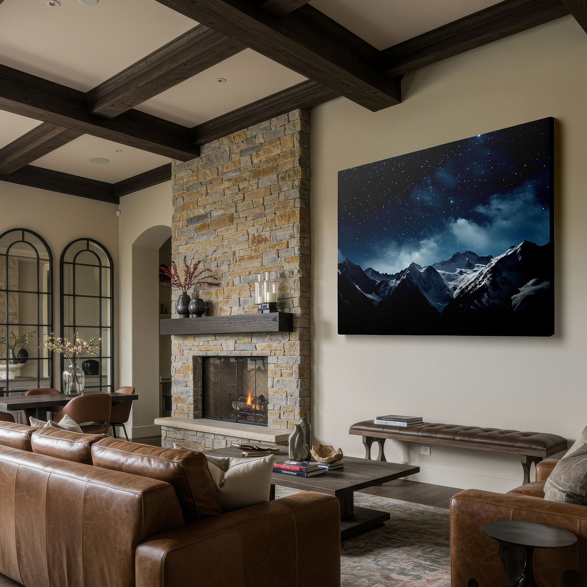 Balanced between two tall indoor plants near a window — starry skies over celestial mountains, serene snow and cosmic beauty large wall art, canvas wall art, wall decor for office