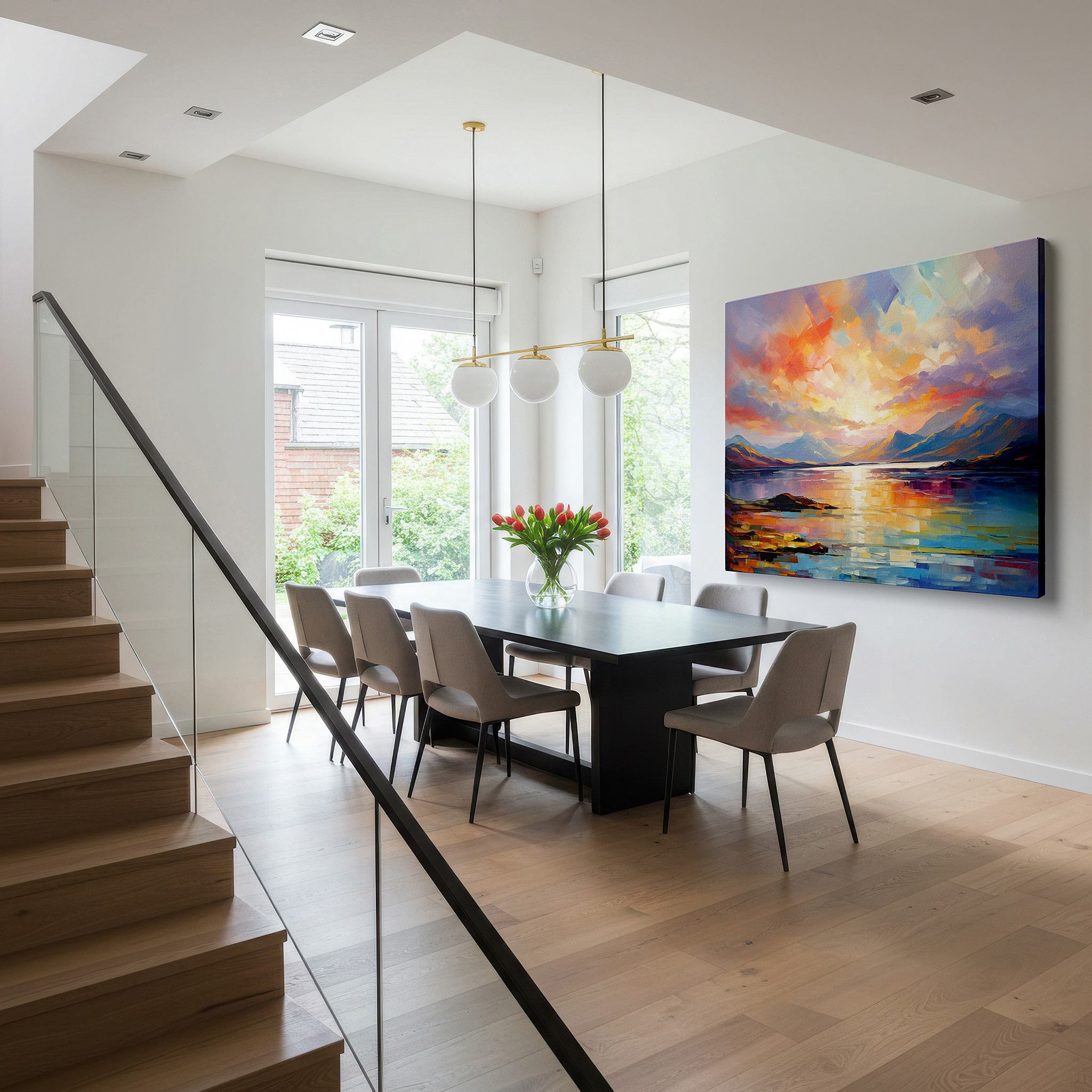 Balanced between two tall indoor plants near a window — sunset serenade - a peaceful impressionist landscape featuring luminous reflections, large canvas wall art for home and office decor