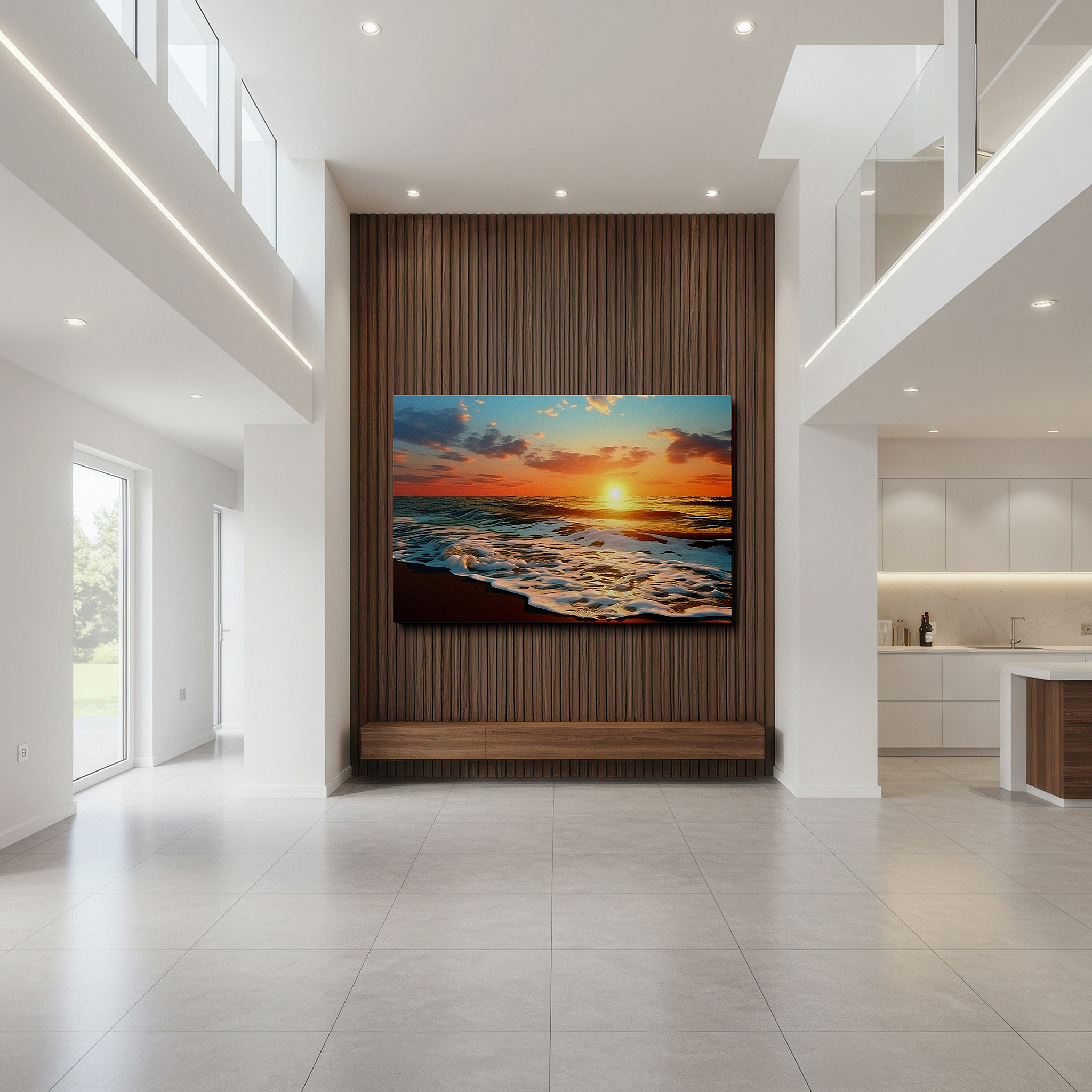 Balanced between two tall indoor plants near a window — sunset serenity over the ocean - a peaceful mix of fiery skies and soothing waves large wall art, canvas wall art, wall decor, office wall art