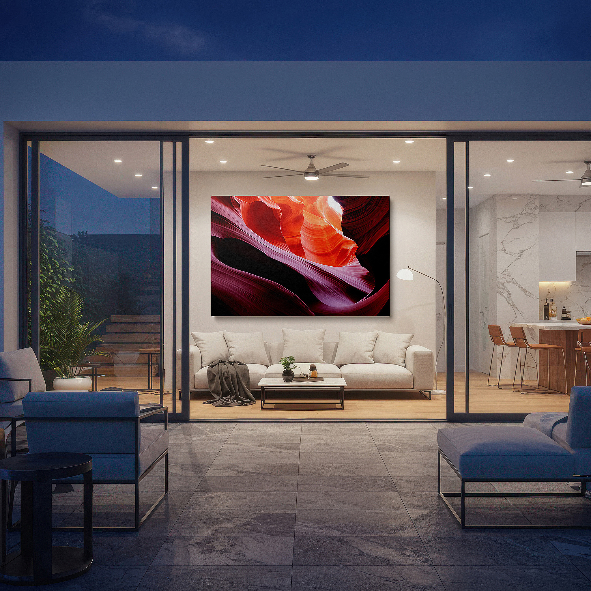 Balanced between two tall indoor plants near a window — swirling oranges and reds: a visual symphony of passion and vitality - large canvas wall art for office decor