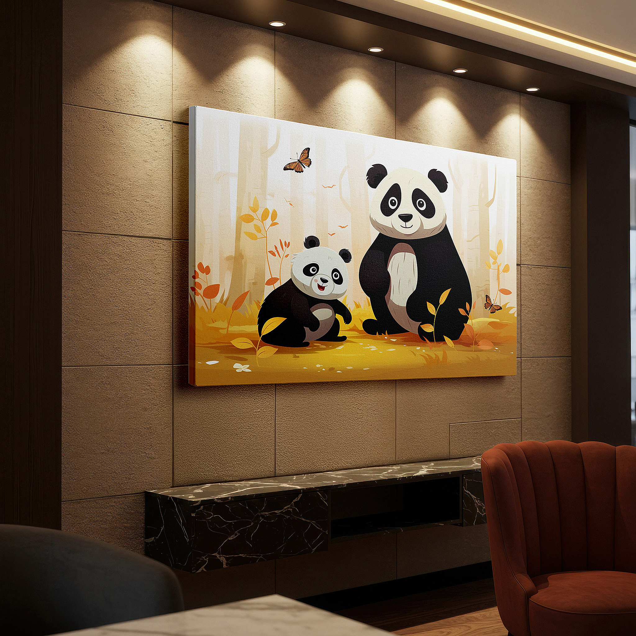 Balanced between two tall indoor plants near a window — tender panda family embrace in vibrant autumn forest large canvas wall art for office, bedroom, and living room decor