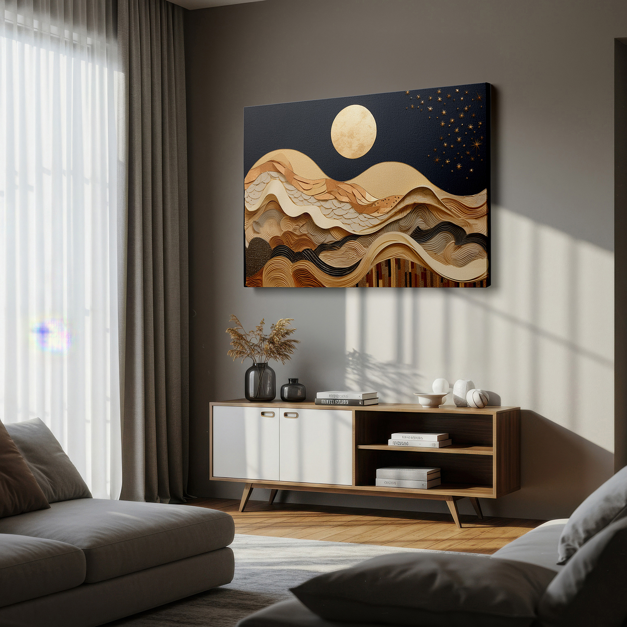 Balanced between two tall indoor plants near a window — textured waves and golden moon in a deep blue sky - capturing nature's majestic beauty large wall art, canvas wall art, wall decor for office
