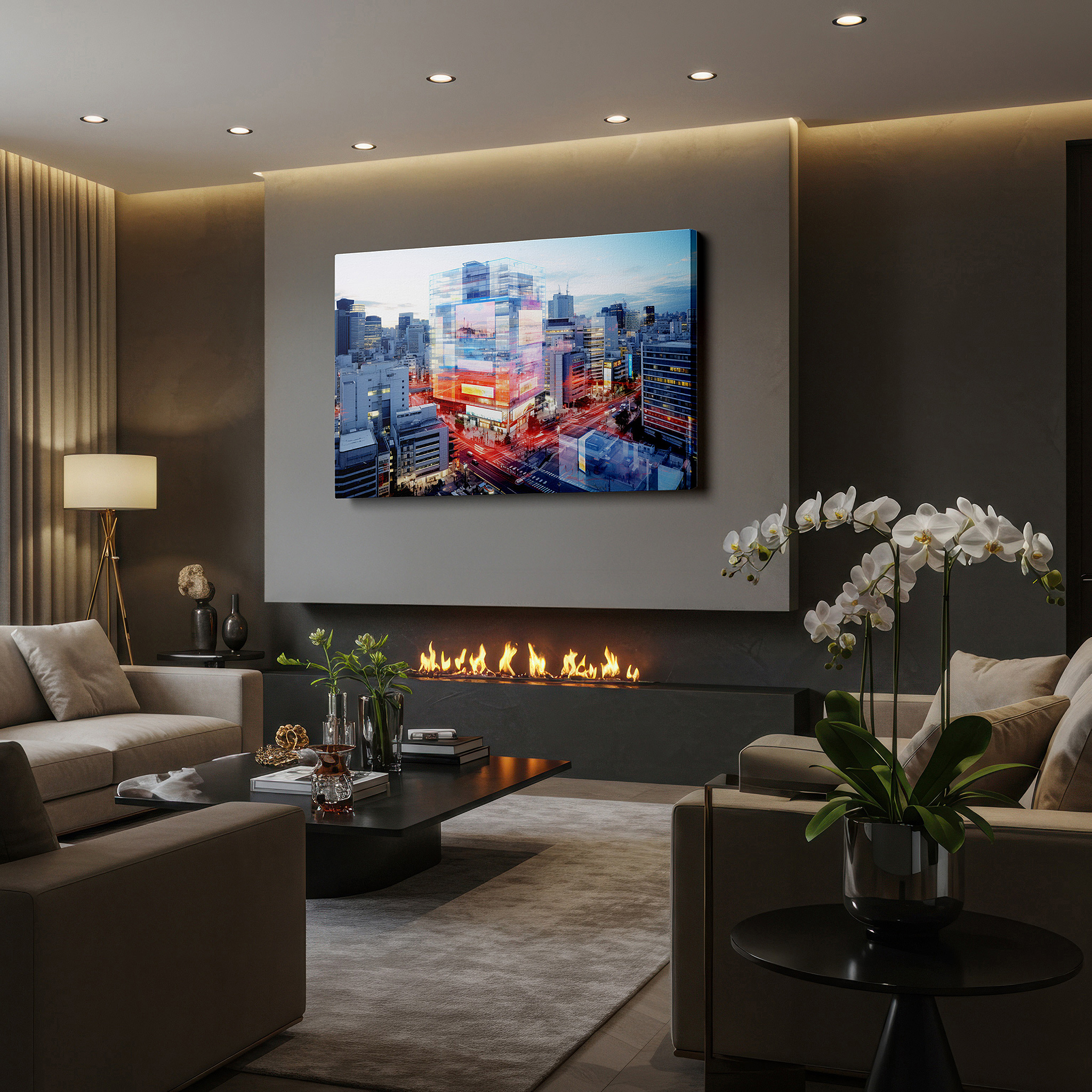 Balanced between two tall indoor plants near a window — tokyo twilight glow: neon lights and urban pulse - mesmerizing cityscape large wall art, canvas wall art, wall decor for office and bedroom