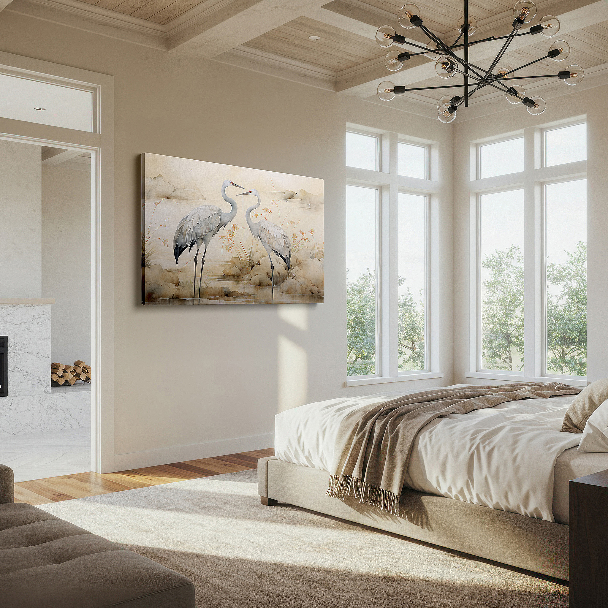 Balanced between two tall indoor plants near a window — tranquil landscape with elegant cranes - serene companionship themed large wall art, canvas wall art, wall decor for office