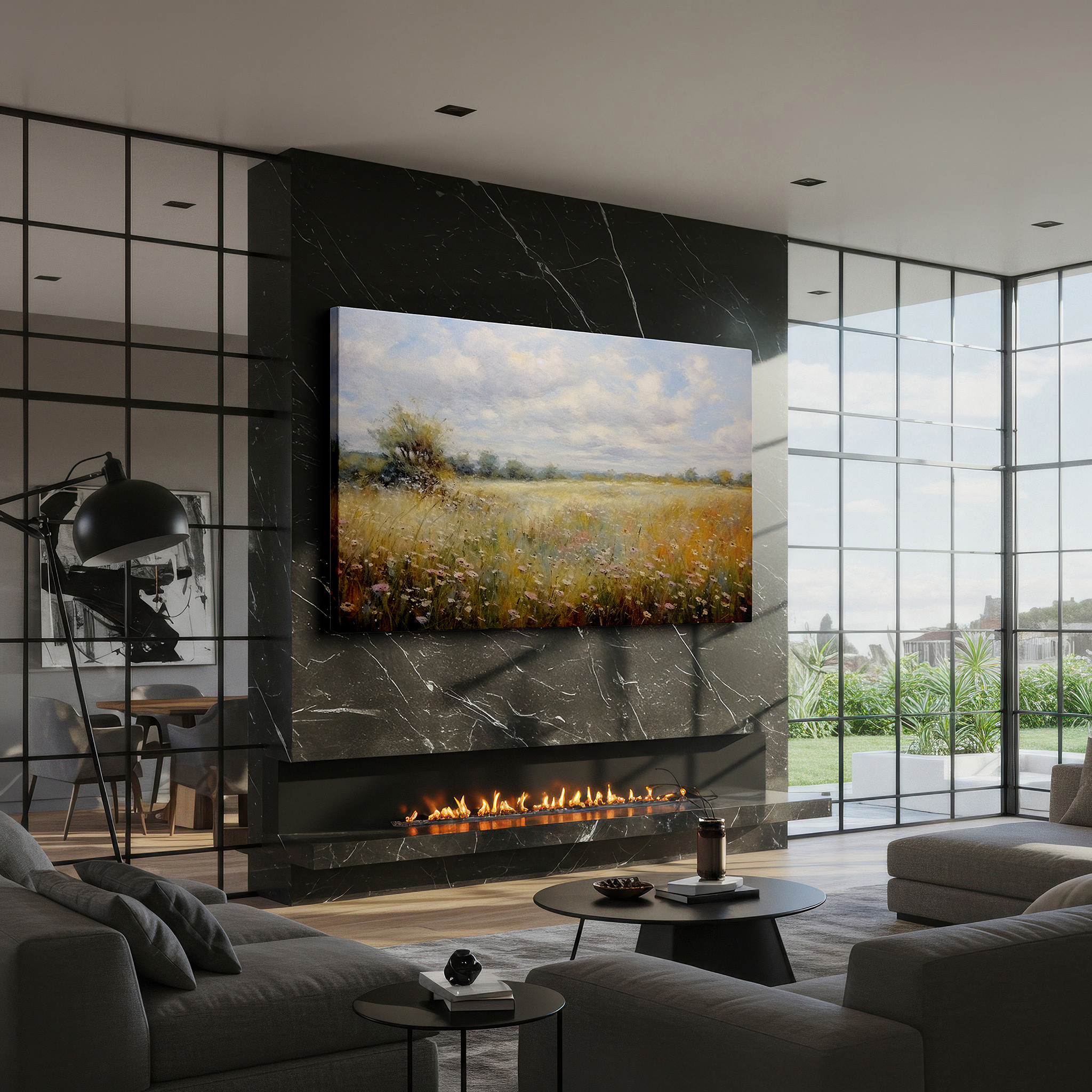 Balanced between two tall indoor plants near a window — tranquil meadow with vibrant wildflowers bathed in sunlight large wall art, canvas wall art, wall decor for office, bedroom, and living room