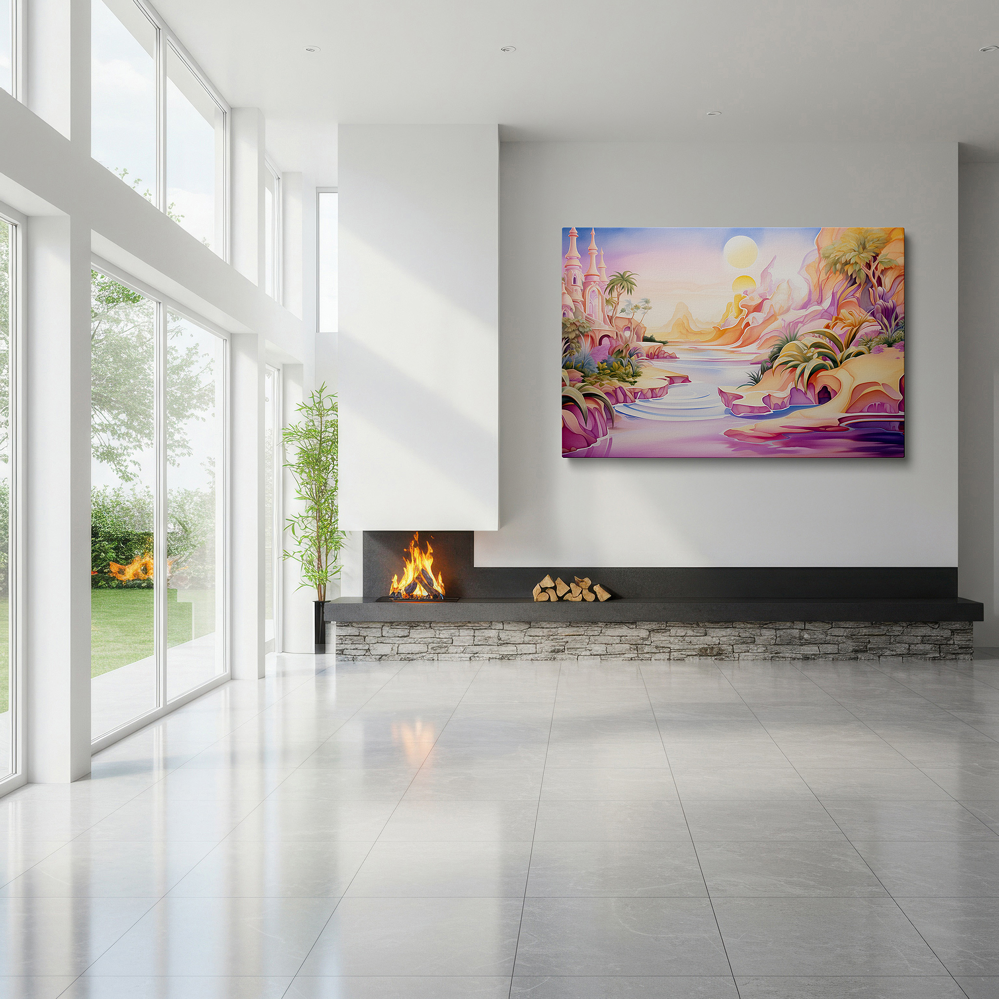Balanced between two tall indoor plants near a window — tranquil river and enchanted hills under twin suns wall art, large canvas decor for office, bedroom, and living room