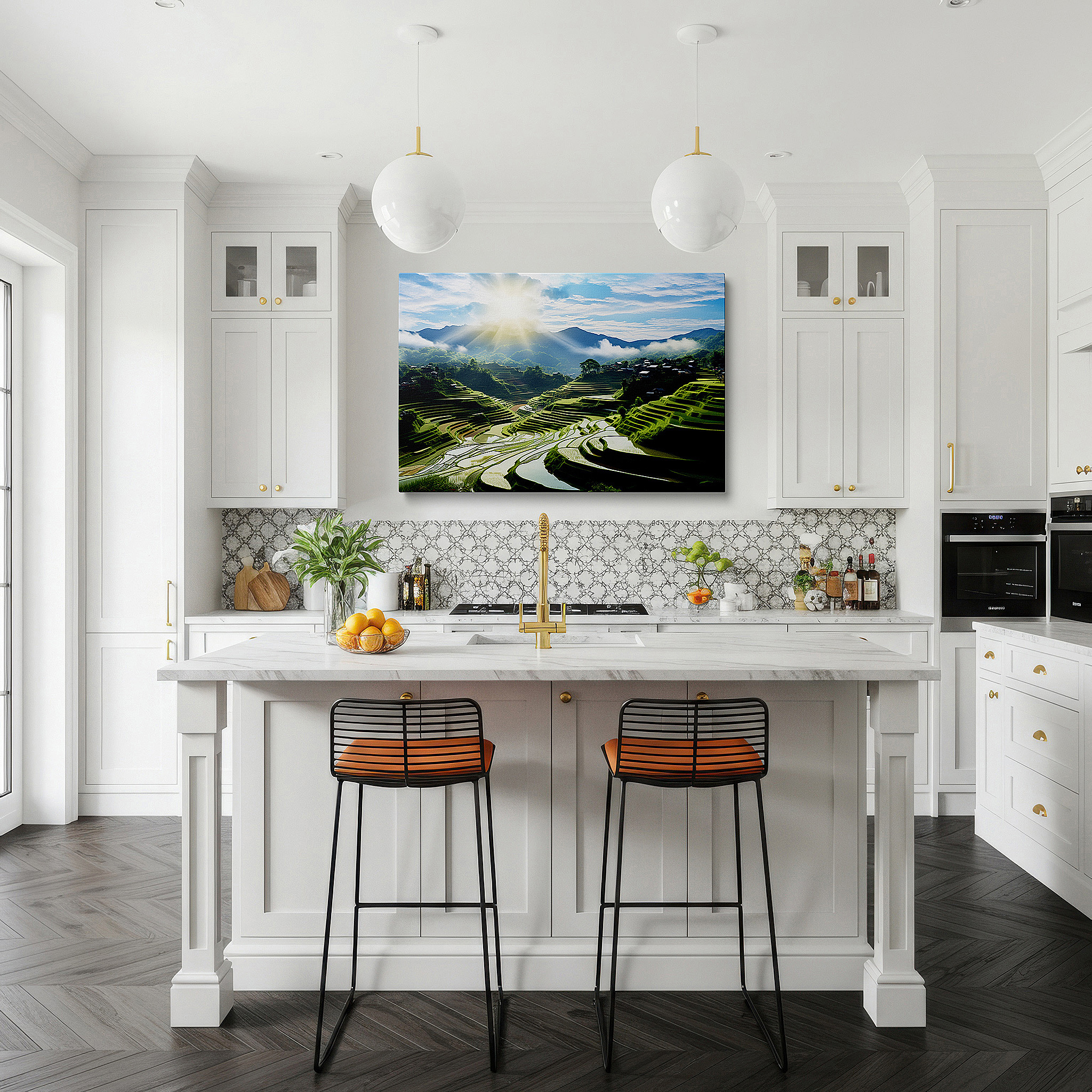 Balanced between two tall indoor plants near a window — tranquil terraced rice fields and sunlit mountains large canvas wall art for office, bedroom, and living room decor