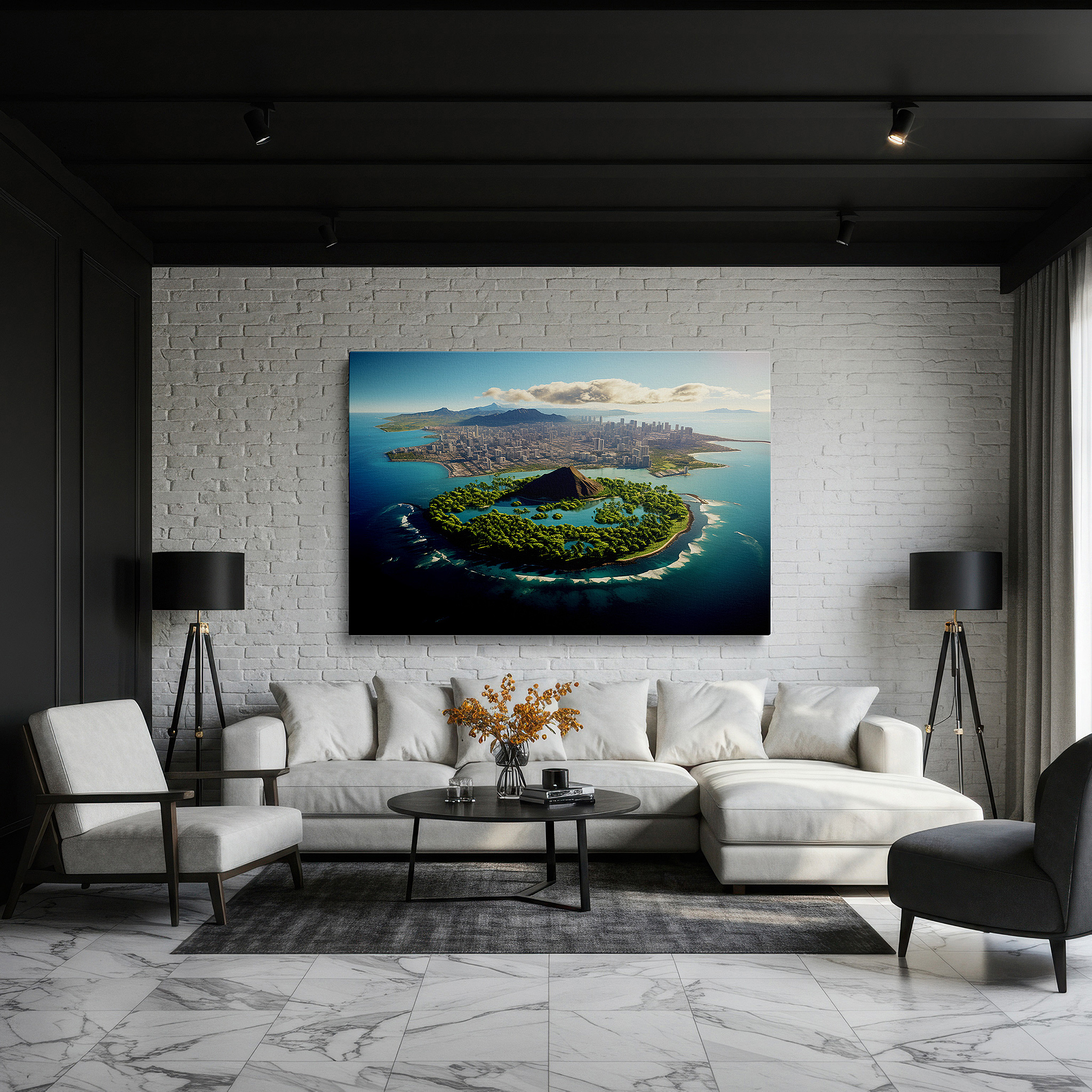 Balanced between two tall indoor plants near a window — tropical island and urban skyline fusion: stunning nature and innovation large wall art, canvas wall art, wall decor for office