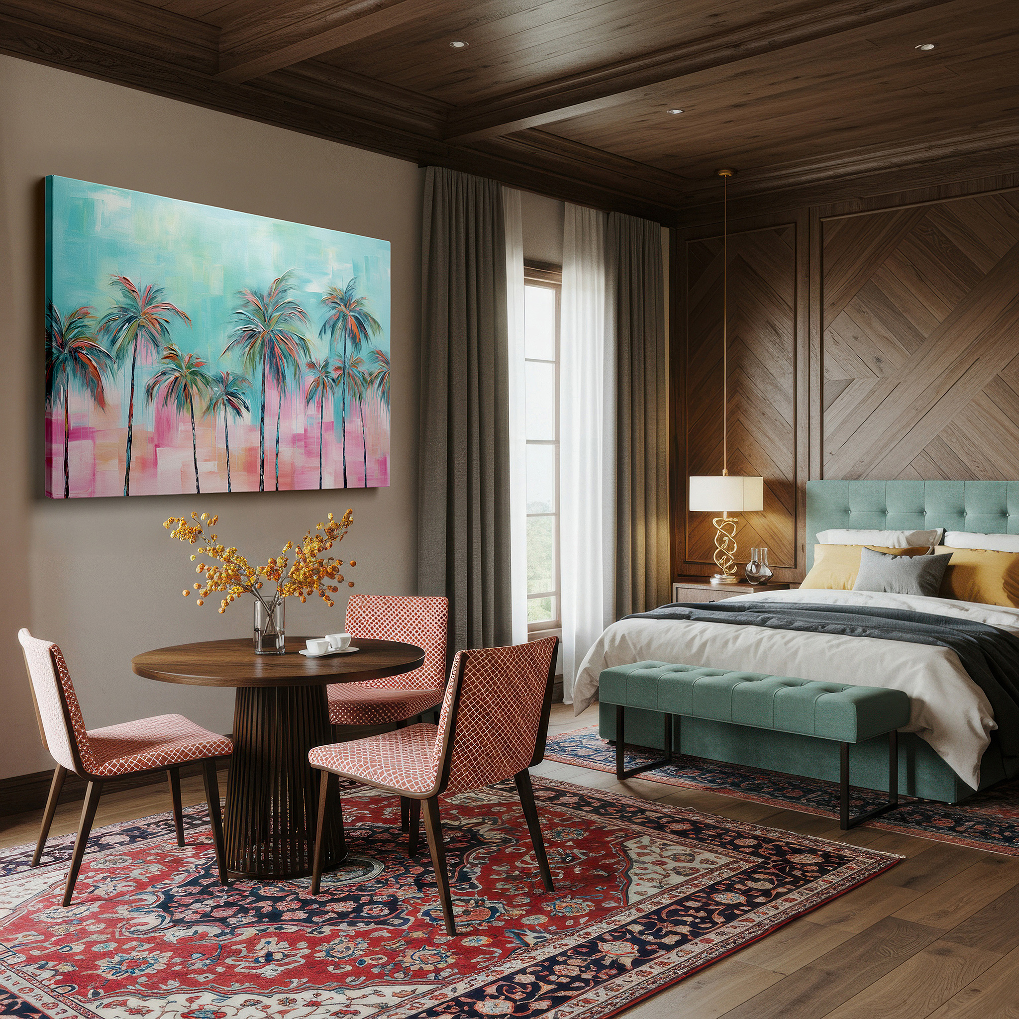Balanced between two tall indoor plants near a window — tropical serenity: stylized palm trees and sunset mosaic large canvas wall art for office and bedroom decor