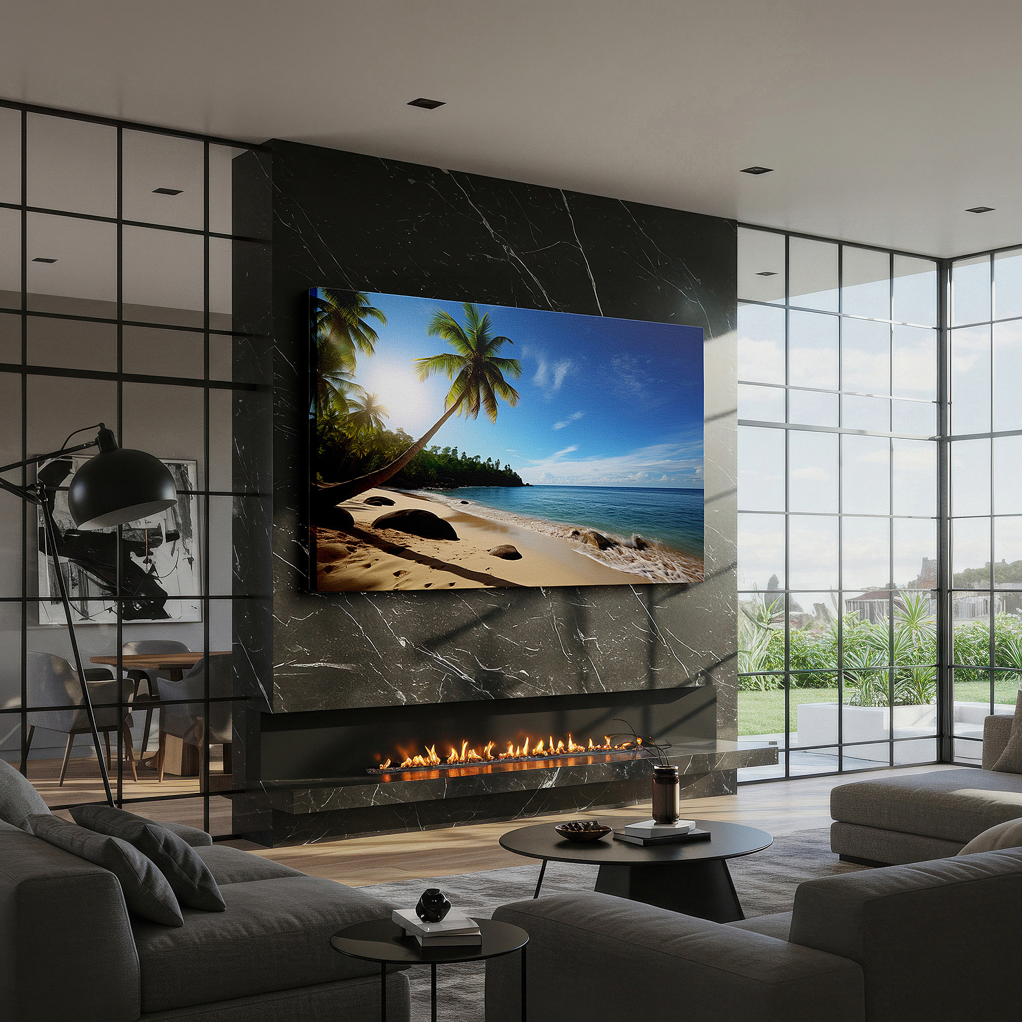 Balanced between two tall indoor plants near a window — tropical serenity wall art featuring dancing palm fronds and golden sands, large canvas for home and office decor