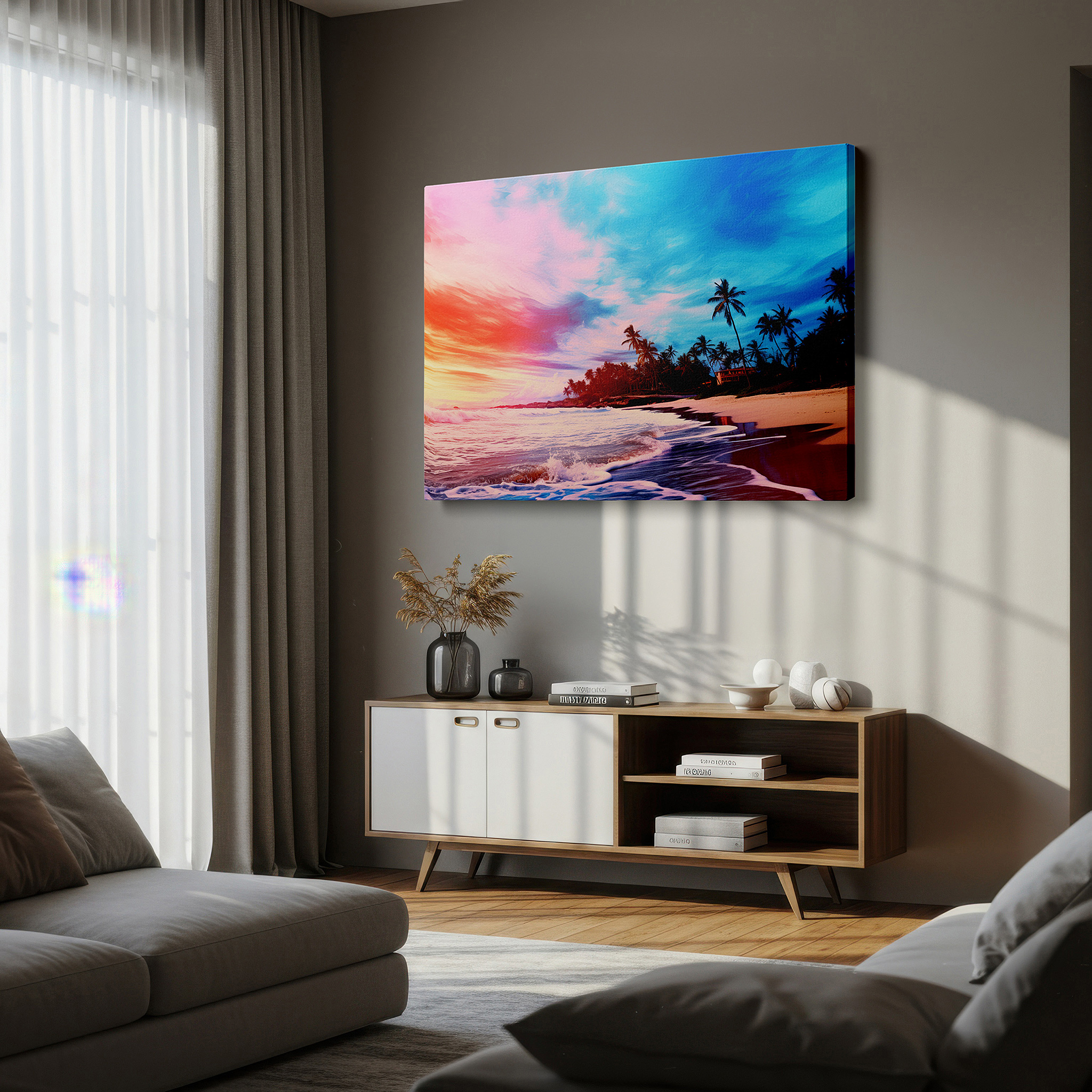 Balanced between two tall indoor plants near a window — tropical sunset serenity: large canvas wall art featuring lush palms and fiery skies for office, bedroom, and living room decor
