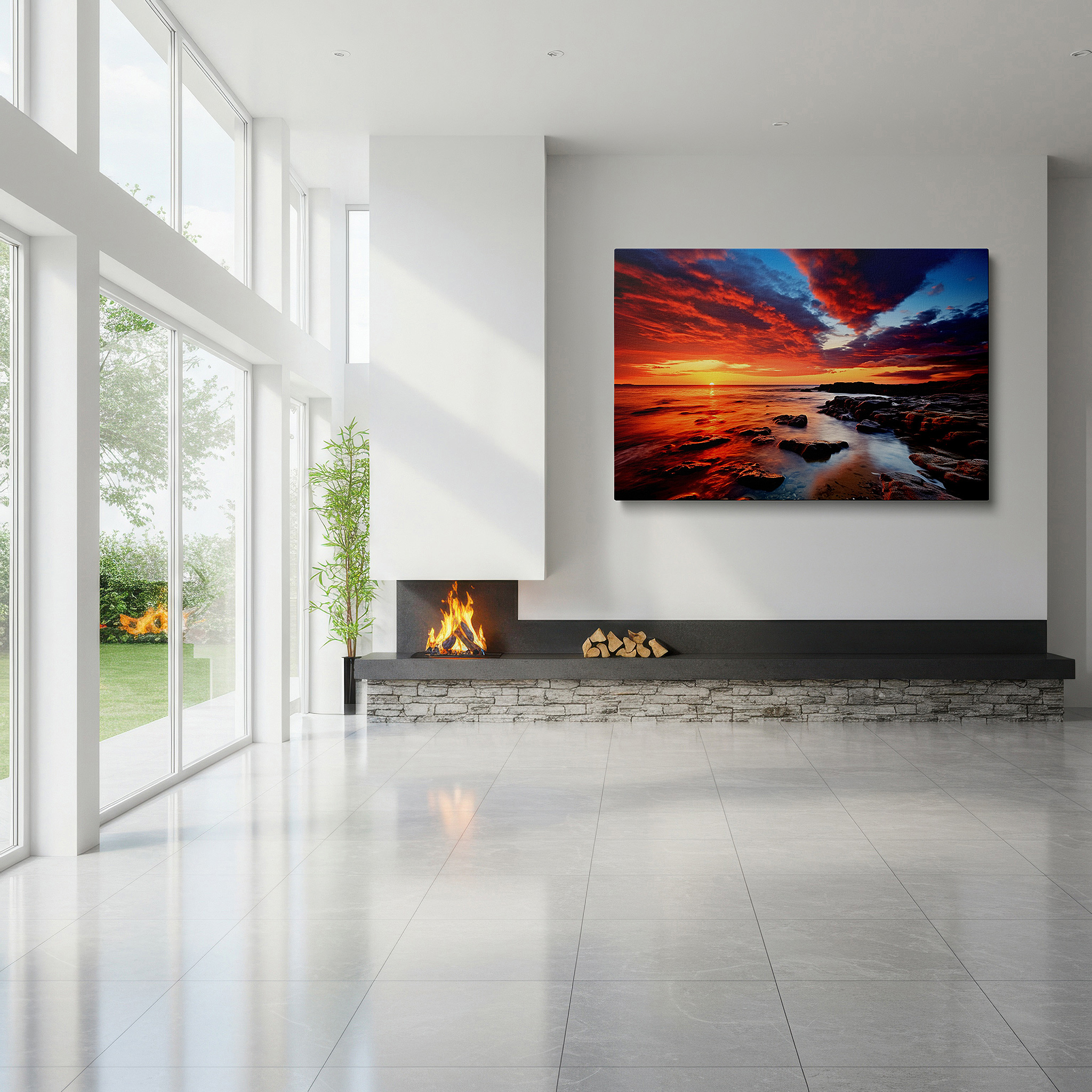 Balanced between two tall indoor plants near a window — twilight symphony: light and shadows over rugged shoreline - large canvas wall art for office decor