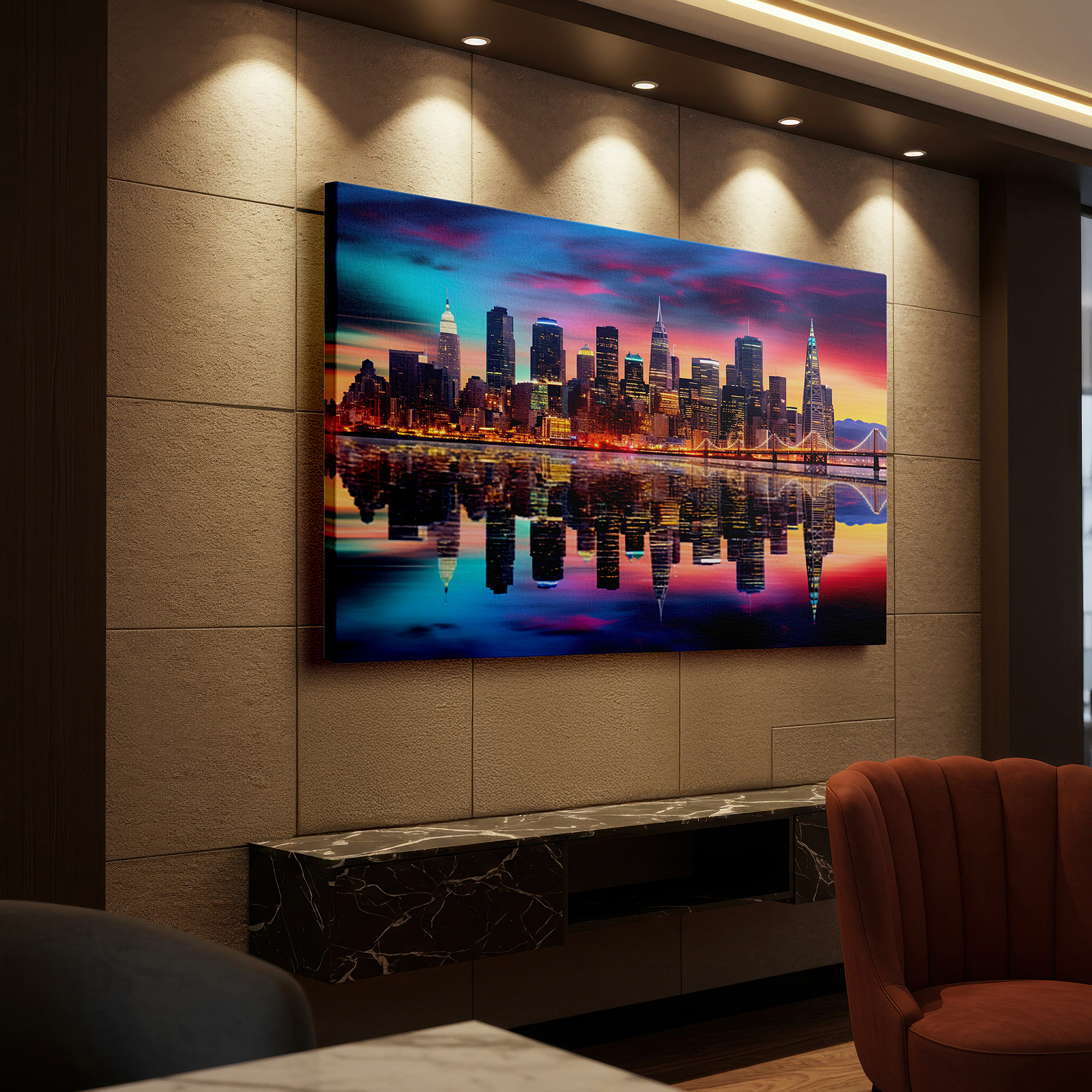 Balanced between two tall indoor plants near a window — urban skyline at sunset with reflective river: a fusion of historic and contemporary architecture - large canvas wall art for office decor