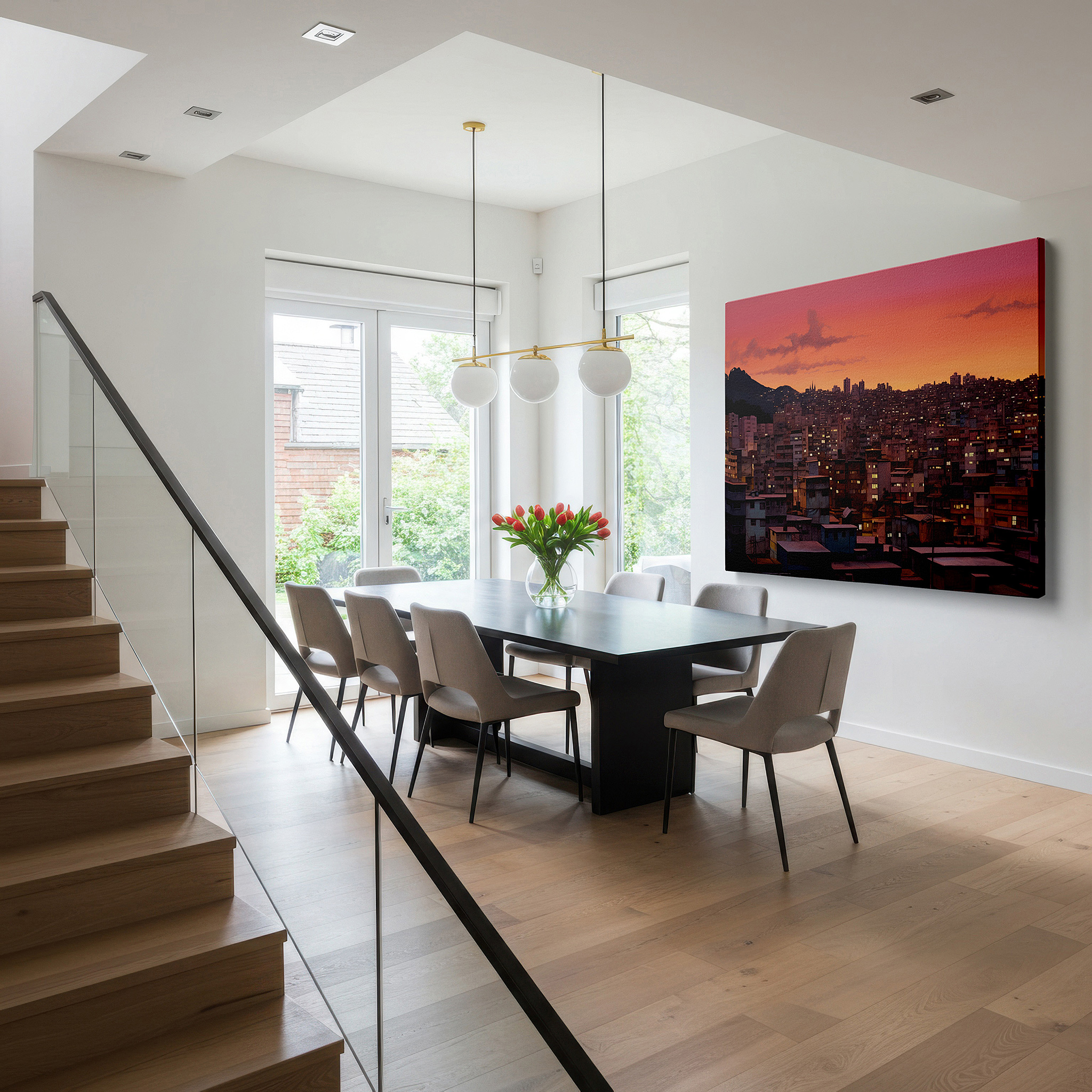 Balanced between two tall indoor plants near a window — urban twilight: dusk panorama - vibrant skies and lit skyscrapers, large canvas wall art for office decor