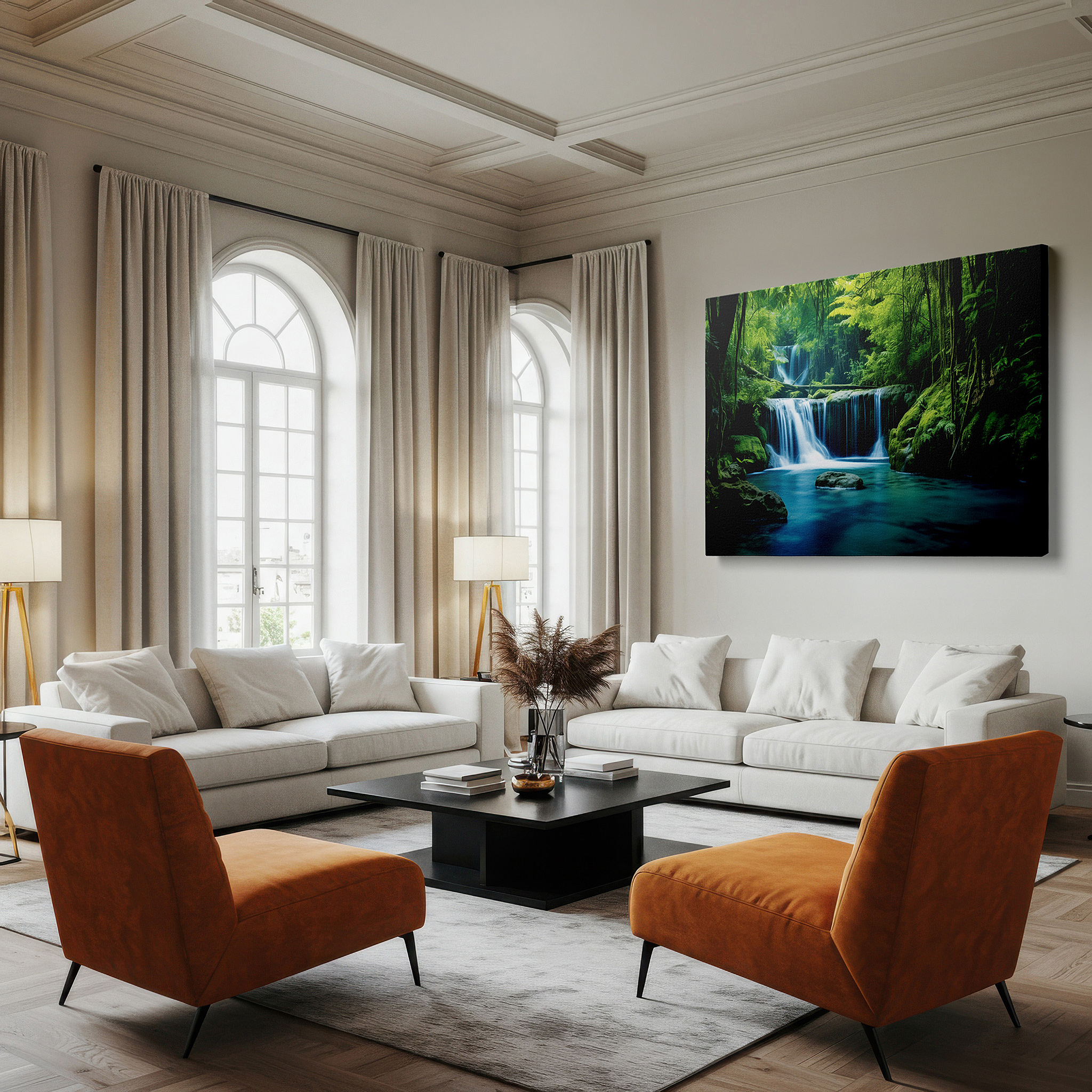 Balanced between two tall indoor plants near a window — verdant forest sanctuary canvas wall art featuring cascading waterfalls and tranquil pool, ideal for office and bedroom decor