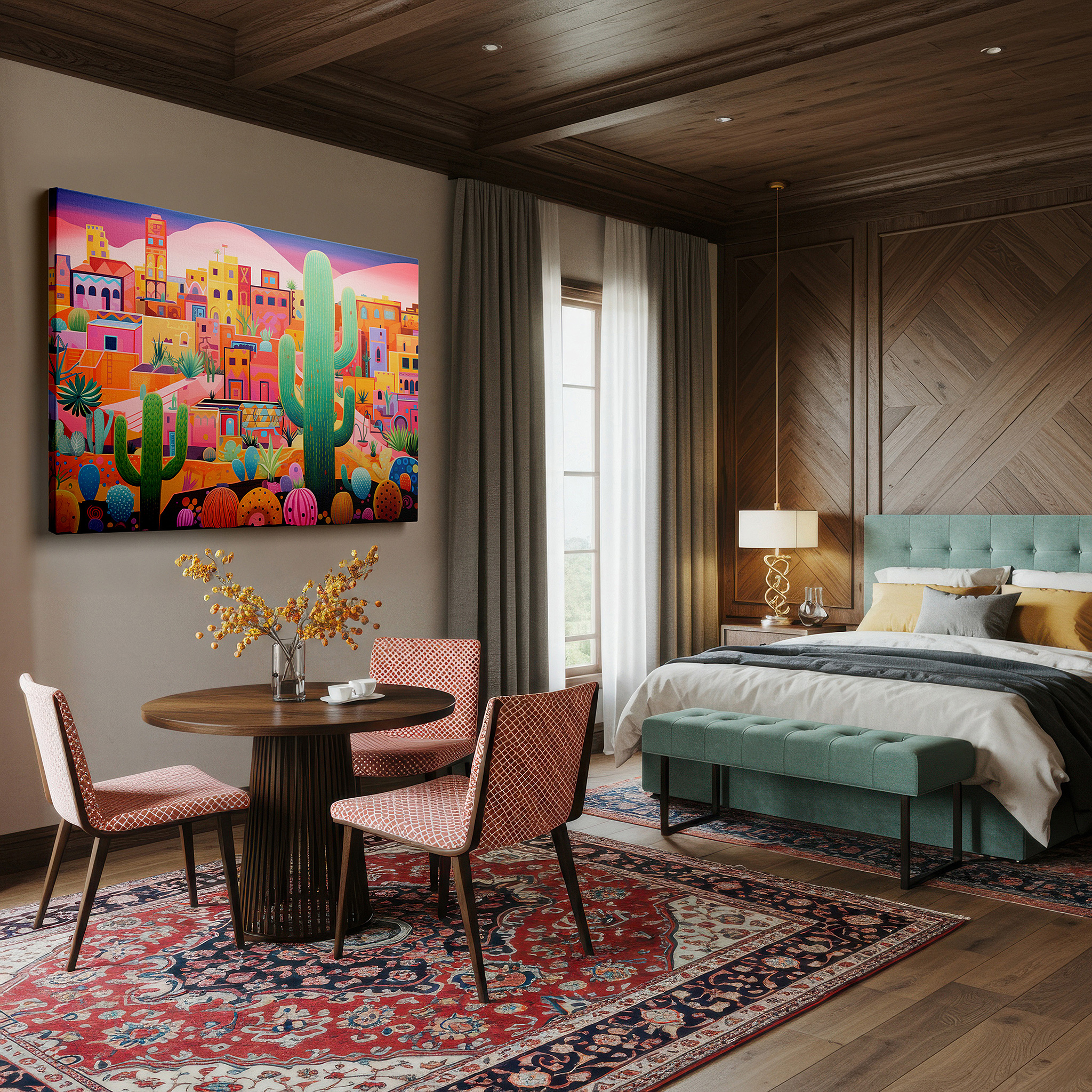 Balanced between two tall indoor plants near a window — vibrant desert town surrounded by towering cacti: a cultural mosaic and resilient life - large wall art, canvas wall art, wall decor for office
