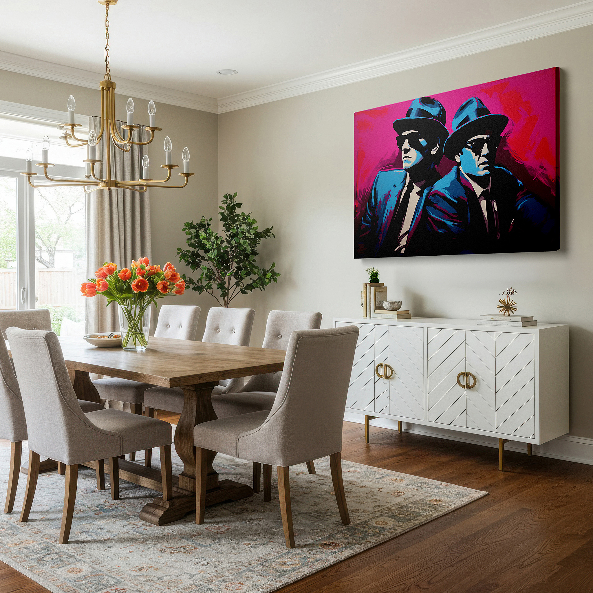Balanced between two tall indoor plants near a window — vibrant pink and blue iconic duo - modern pop art style large wall art, canvas wall art, wall decor for office and bedroom