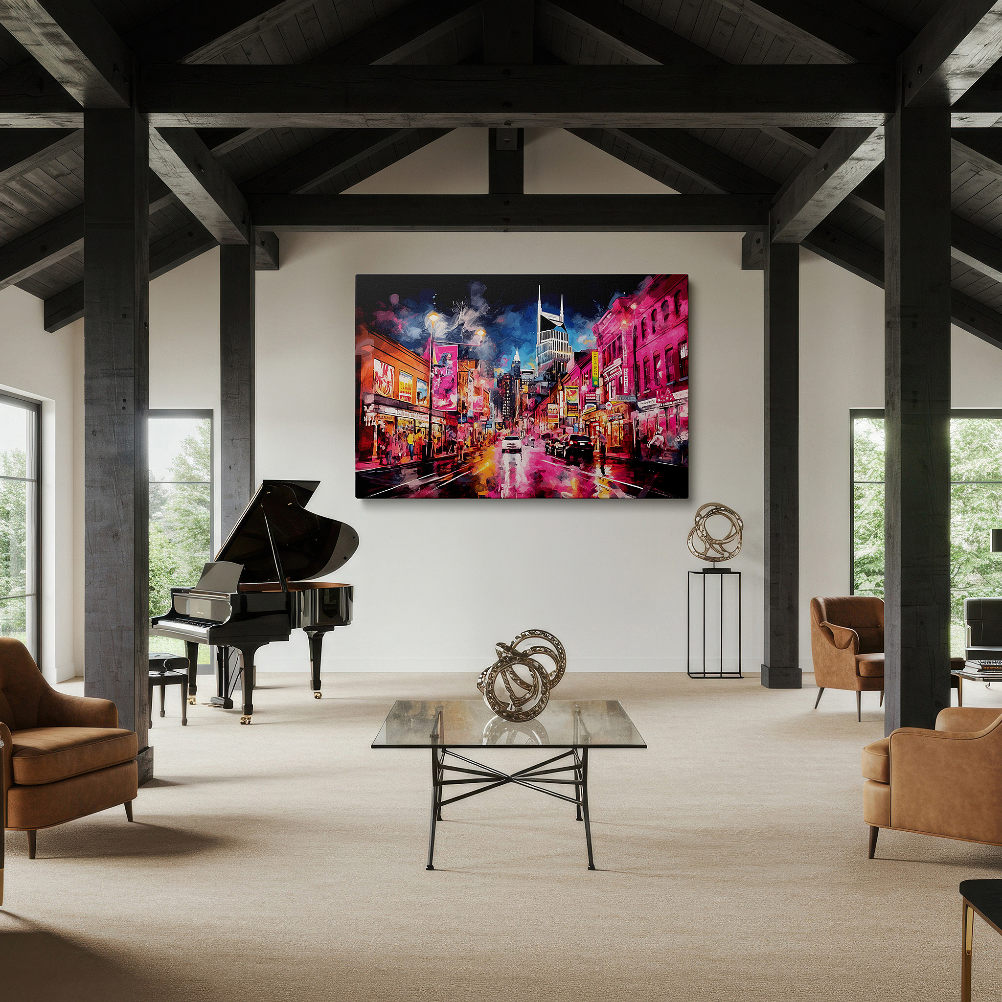 Balanced between two tall indoor plants near a window — vibrant urban nights: neon lights and rainy streets - large canvas wall art for office and bedroom decor