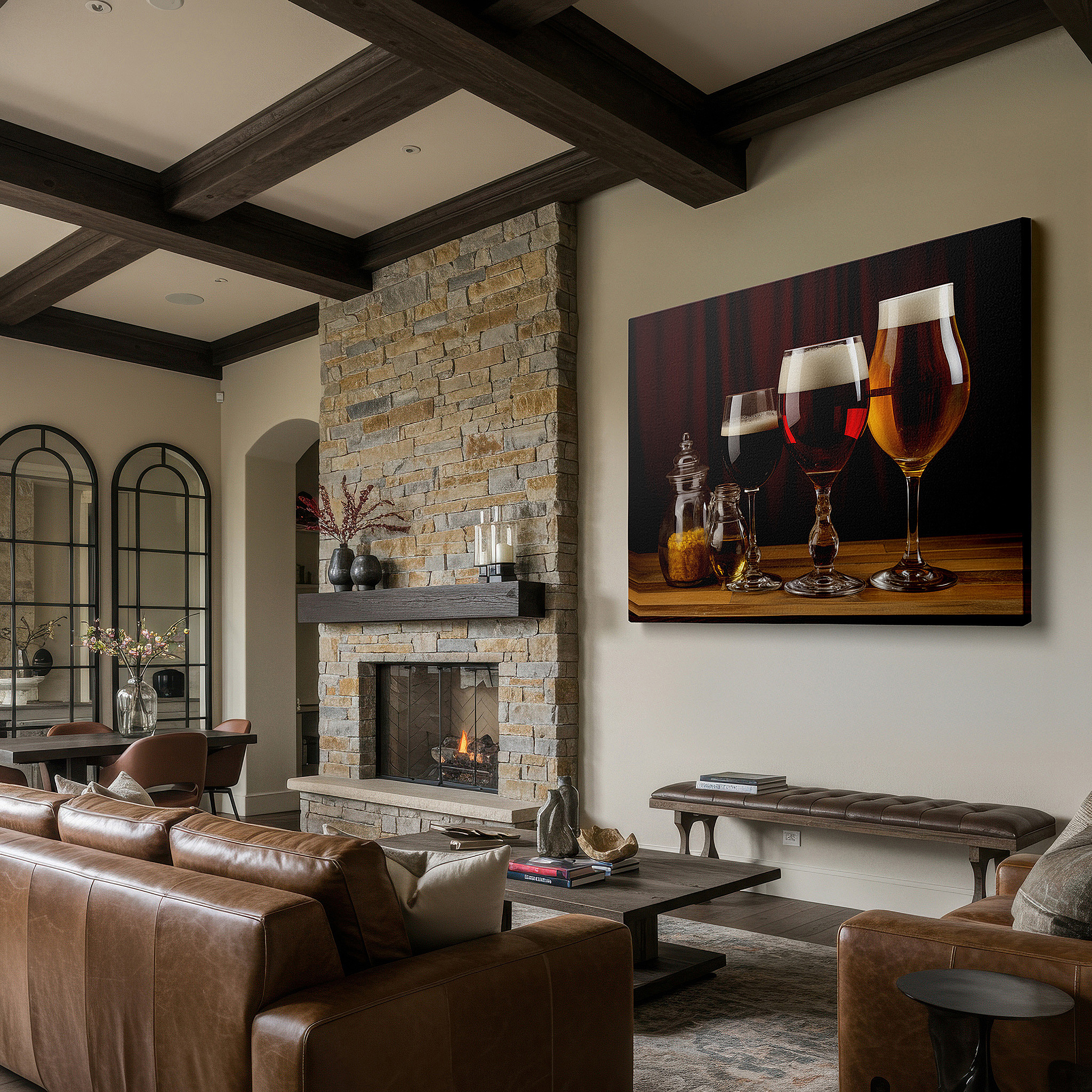 Balanced between two tall indoor plants near a window — a visual tribute to craft brewing featuring artisan beers, syrups, and sophisticated glassware: large wall art, canvas wall art, wall decor, office wall art