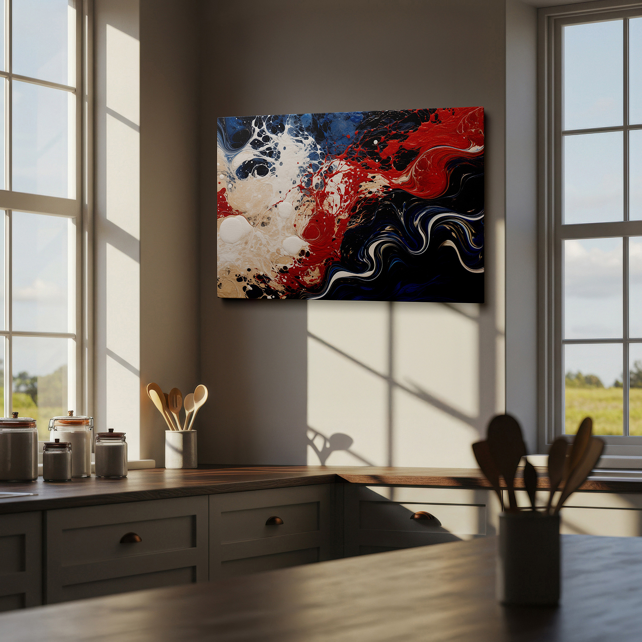 Balanced between two tall indoor plants near a window — a vivid display of reds, blues, and whites: celebrating motion and emotion - large wall art, canvas wall art, wall decor for offices
