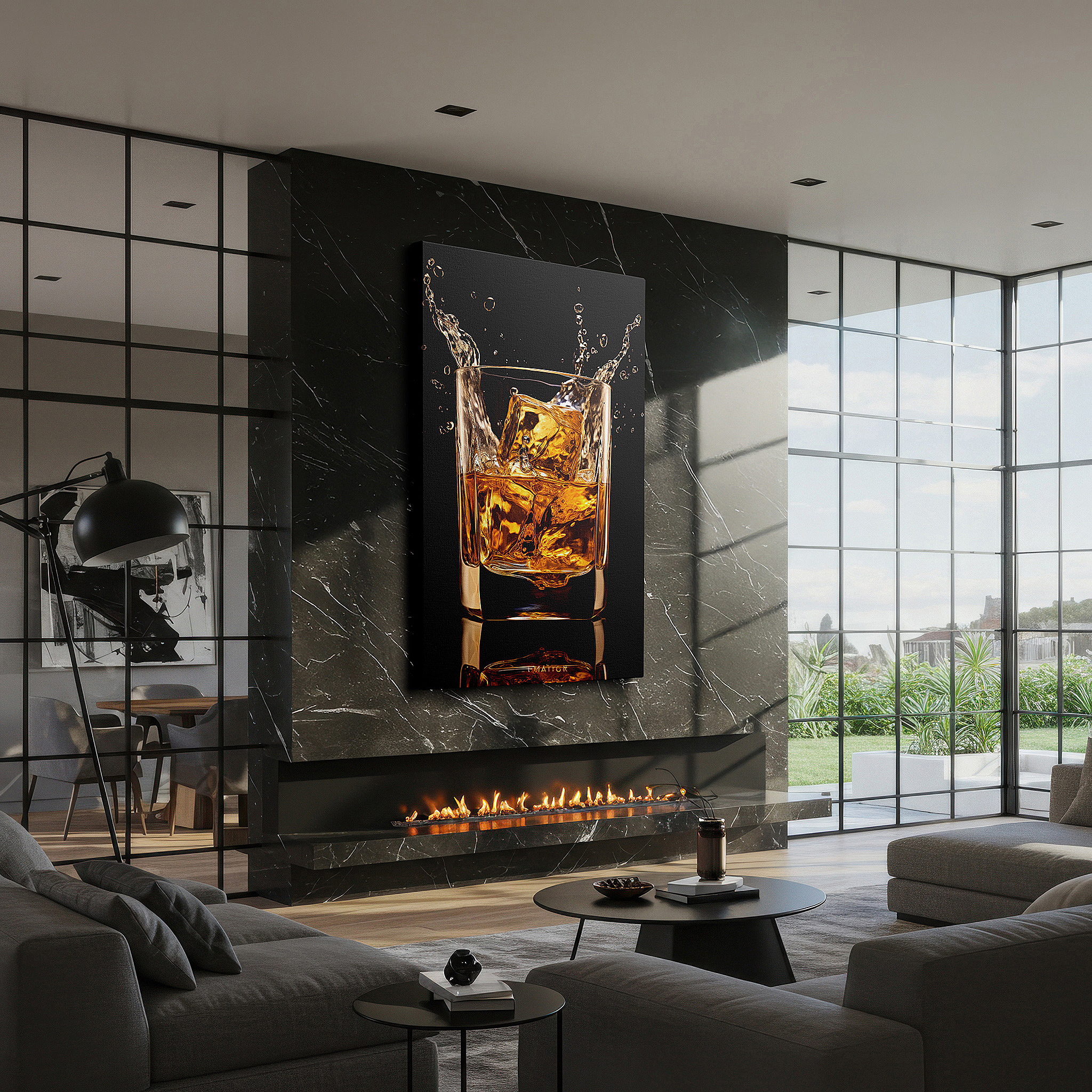 Balanced between two tall indoor plants near a window — wall art: "a dance of ice and whiskey amidst golden splashes" - large canvas art for office, bedroom, and living room decor