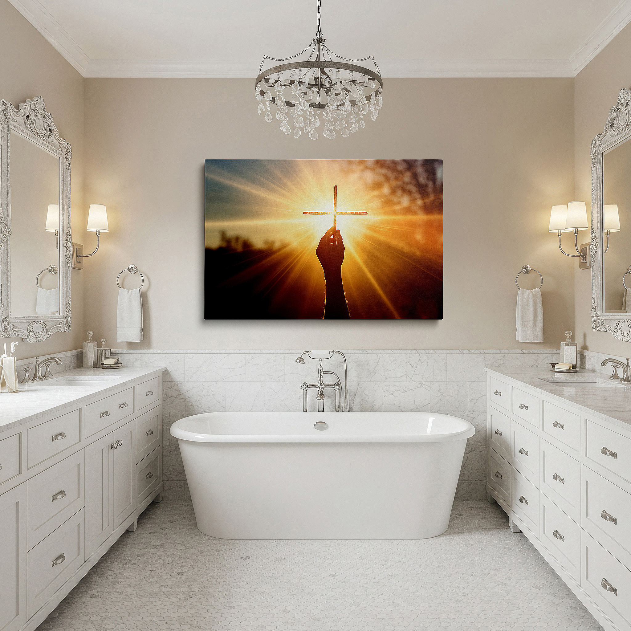 Balanced between two tall indoor plants near a window — wall art: hand holding cross at sunset - symbolizing faith and renewal, large canvas wall art for office and bedroom decor