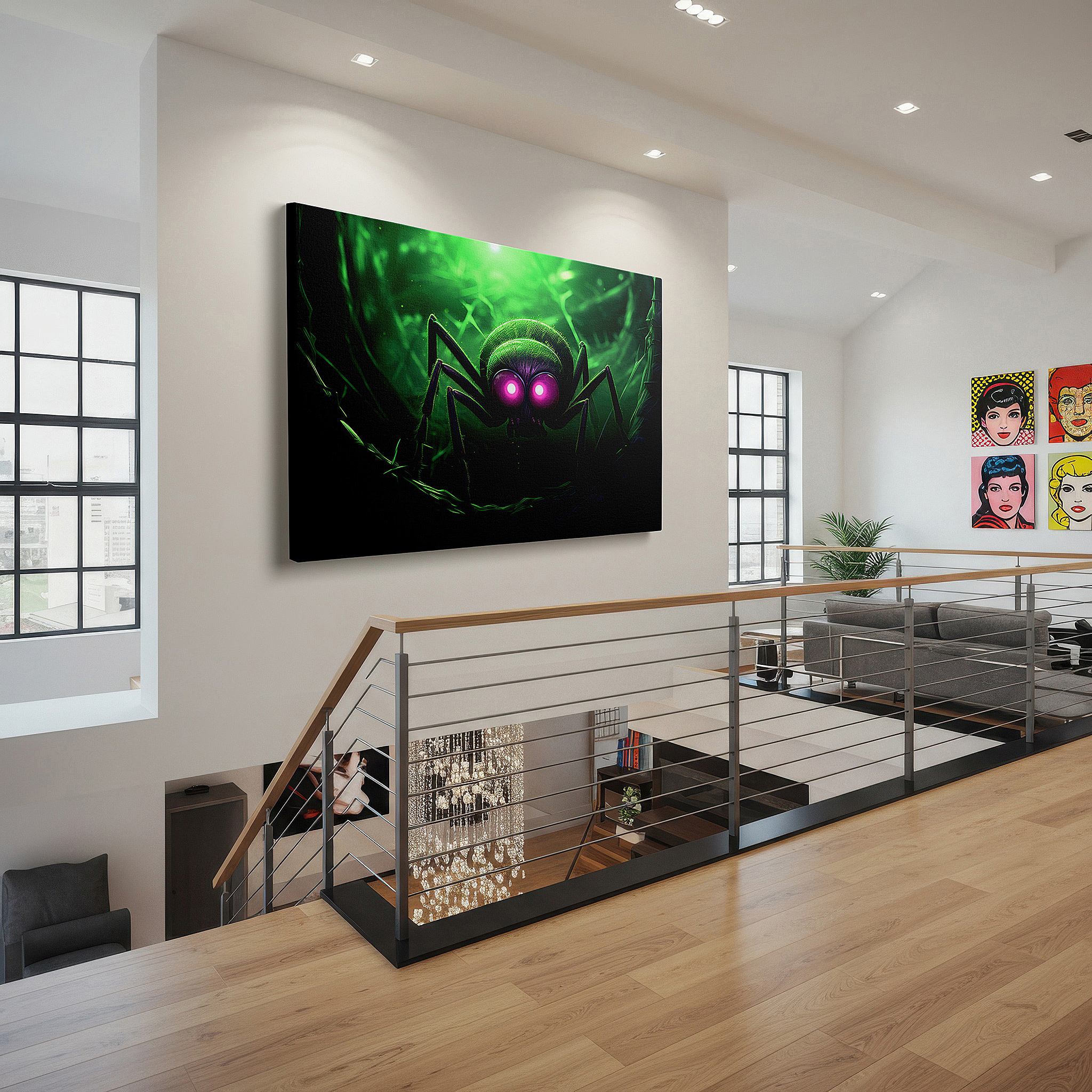Balanced between two tall indoor plants near a window — wall art: large hyper-realistic menacing spider with glowing eyes and shadowy ambiance - canvas wall art for office and bedroom decor
