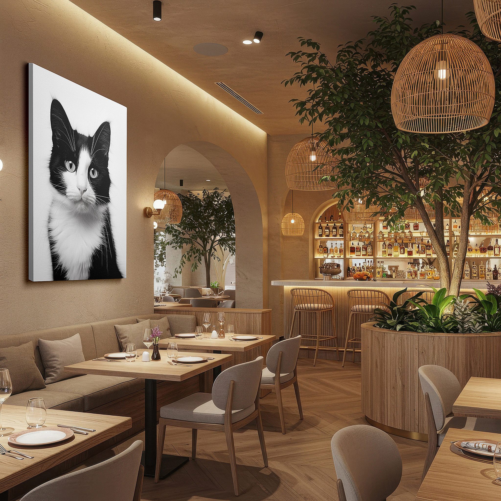 Balanced between two tall indoor plants near a window — wall art: mysterious elegance in a monochrome cat portrait - large canvas wall art for office, bedroom, and living room decor