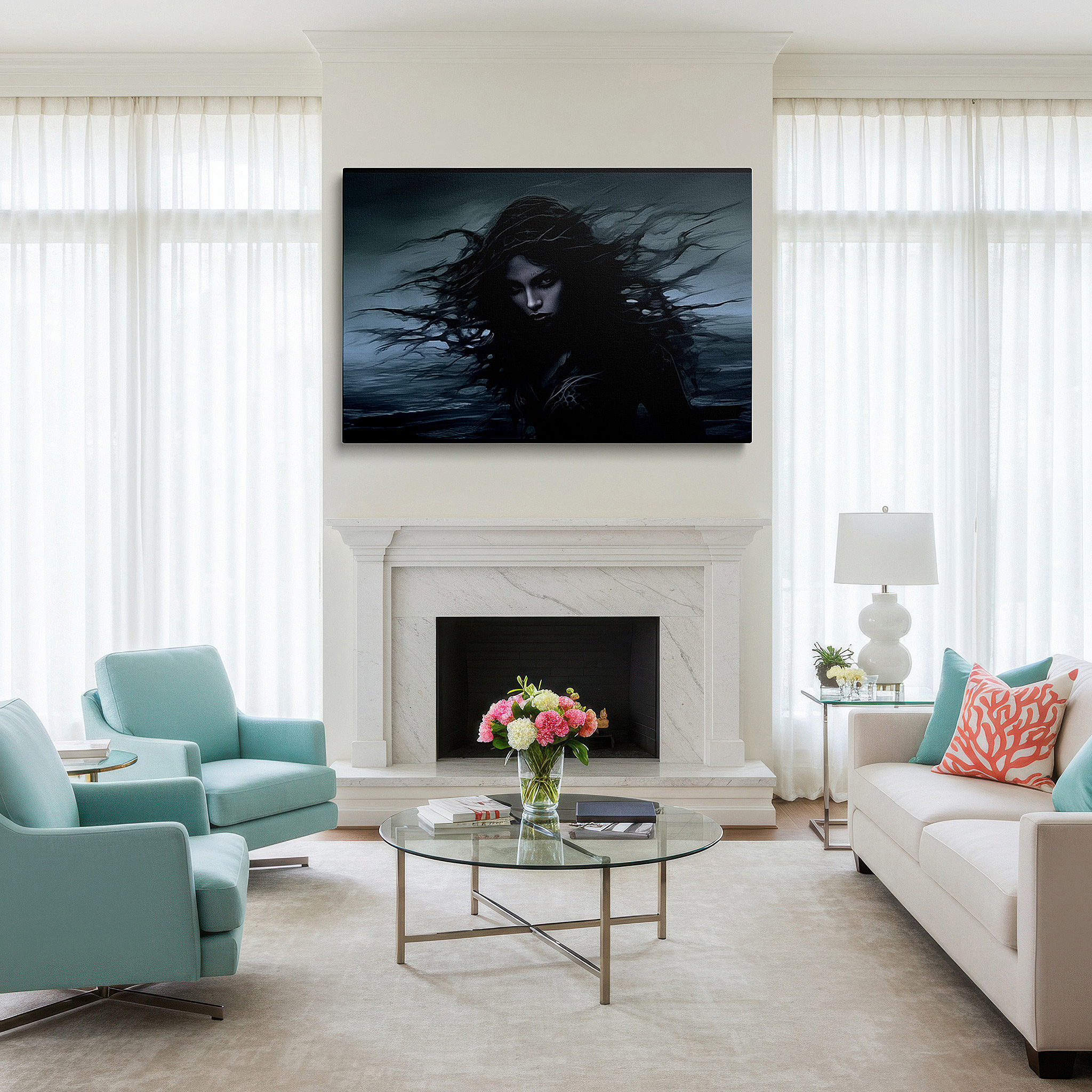 Balanced between two tall indoor plants near a window — wall art: "portrait of a woman amidst nature's fury" - emotive dance with the wild sea, large canvas art for home and office decor, perfect for living room and bedroom