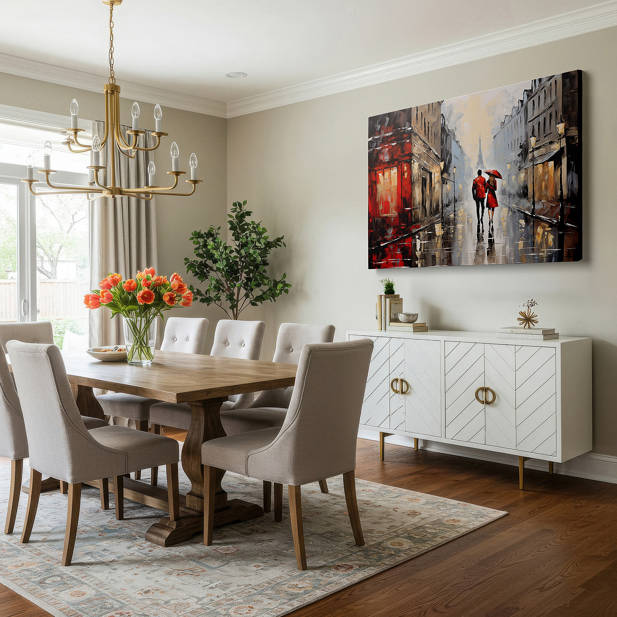 Balanced between two tall indoor plants near a window — wall art: romantic parisian encounter beneath a red umbrella, a rain-drenched journey through love on cobblestones, large canvas wall art decor.