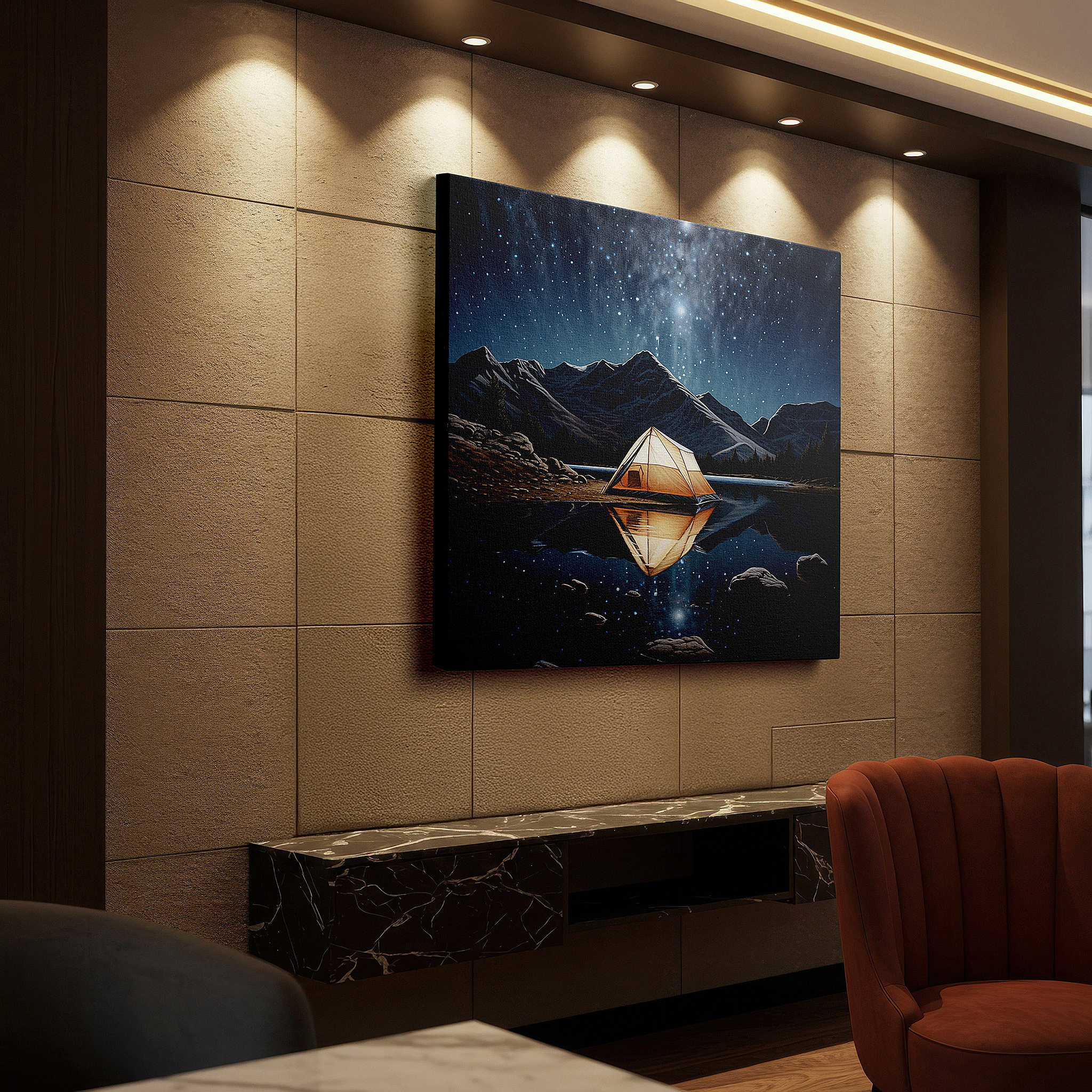 Balanced between two tall indoor plants near a window — wall art: serene camping scene by a tranquil lake with a star-filled sky reflection and a solitary tent amid majestic mountains - large canvas wall art for home and office decor