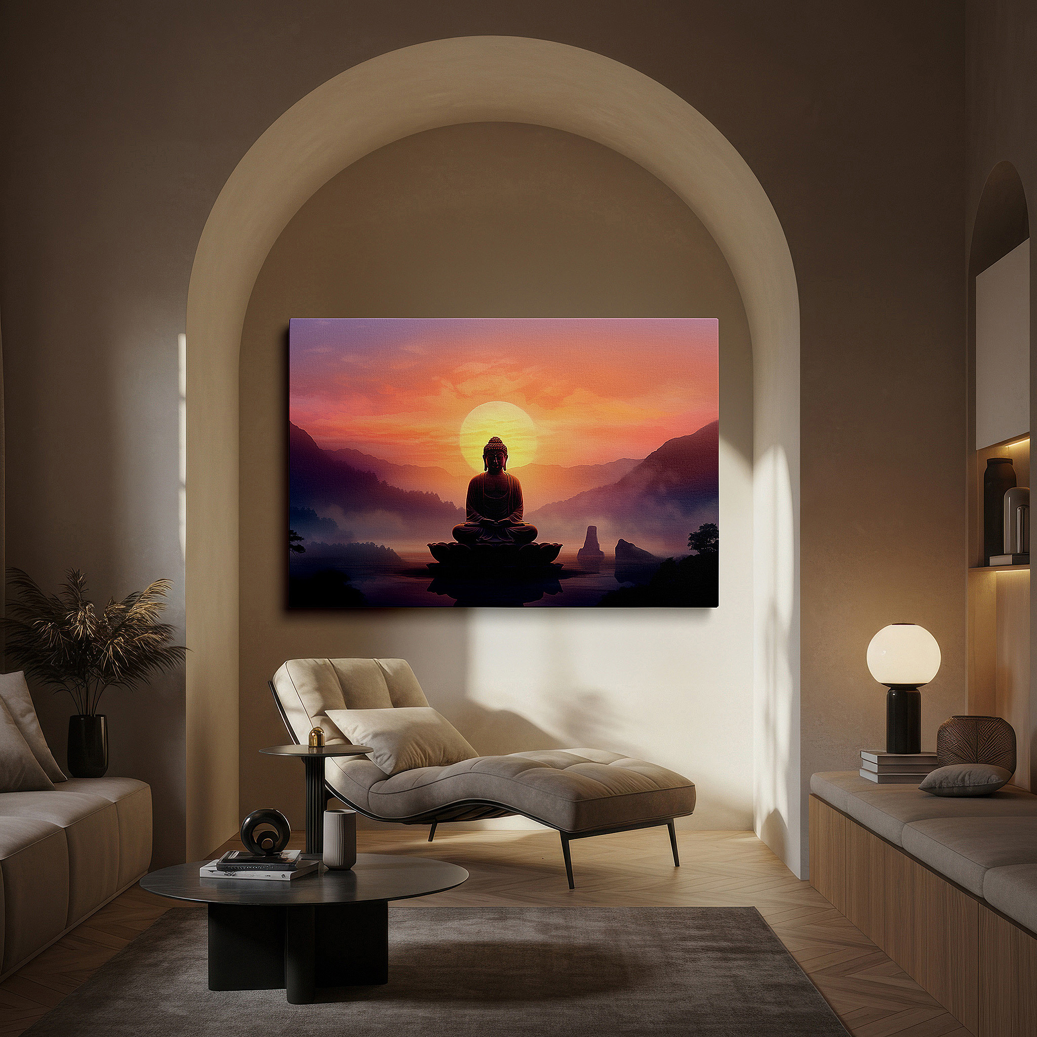 Balanced between two tall indoor plants near a window — wall art: tranquil dawn with buddha on a lotus - spiritual awakening amidst misty mountains - large canvas wall art for office and bedroom decor