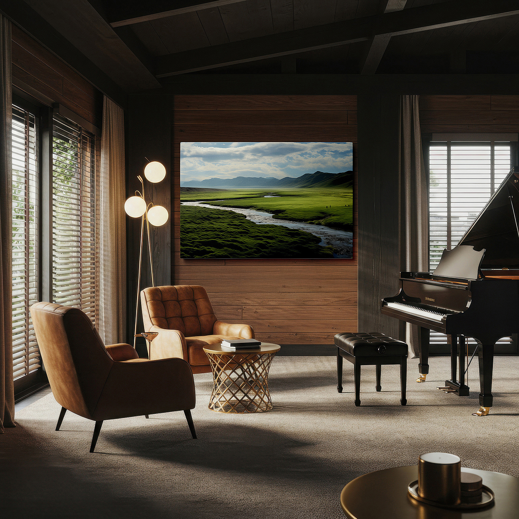 Balanced between two tall indoor plants near a window — wall art: tranquil landscape featuring verdant fields, winding river, and expansive sky - large canvas art for home and office decor, perfect for living room and bedroom