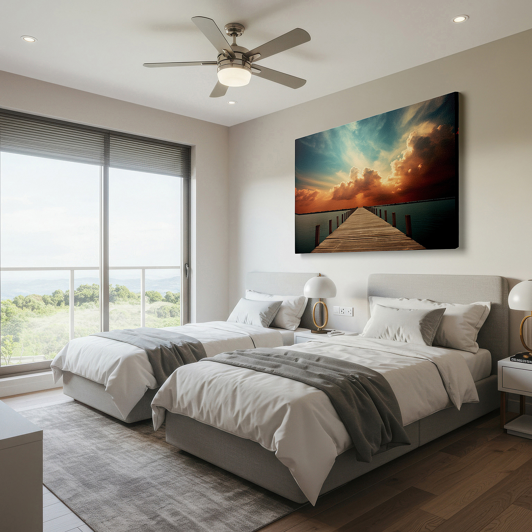 Balanced between two tall indoor plants near a window — wall decor: explore tranquility with a rustic pier and vivid sunset reflections - large canvas art for home and office
