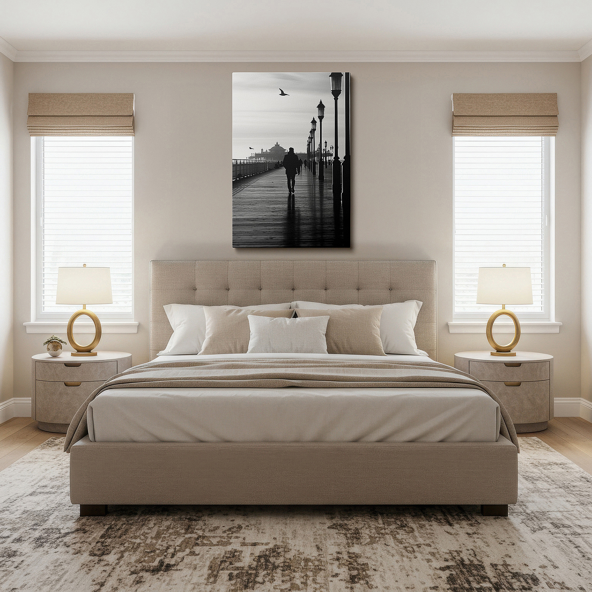 Balanced between two tall indoor plants near a window — wall decor: a lone figure on an ageless pier, old-fashioned lanterns light the way to reflection - large canvas art for home and office