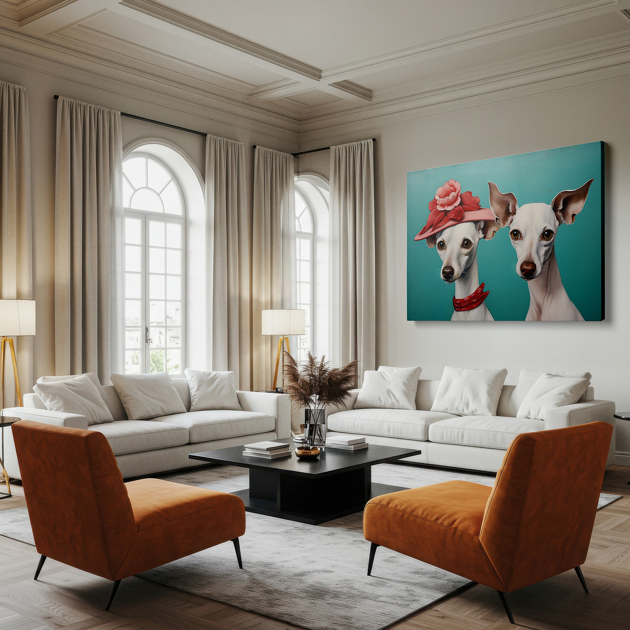 Balanced between two tall indoor plants near a window — whimsical whippets in stylish hats large wall art with turquoise backdrop, canvas wall decor for office, bedroom, and living room