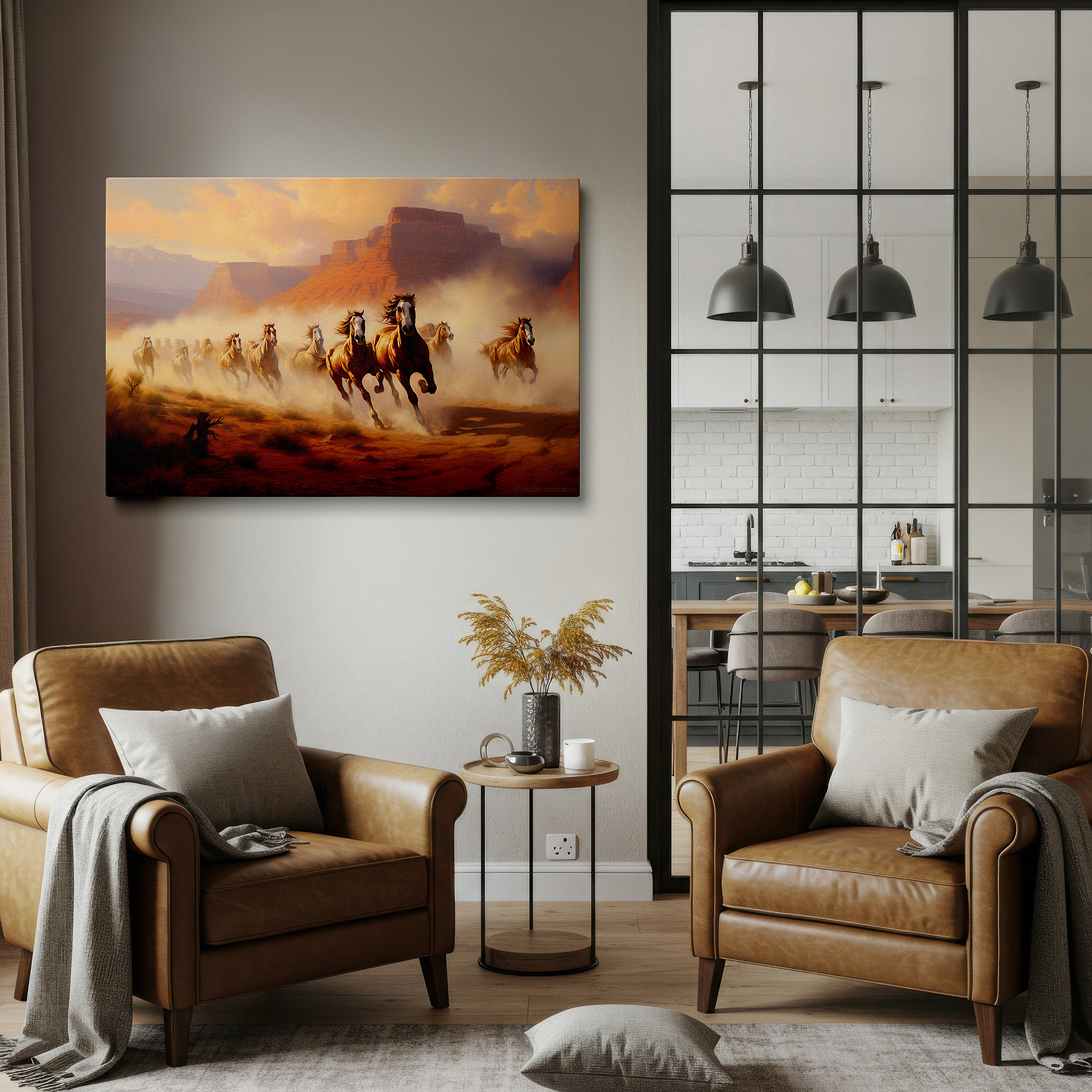Balanced between two tall indoor plants near a window — wild horses running in majestic canyon, sunlit dust enhances natural beauty, large wall art, canvas wall art, wall decor, office art