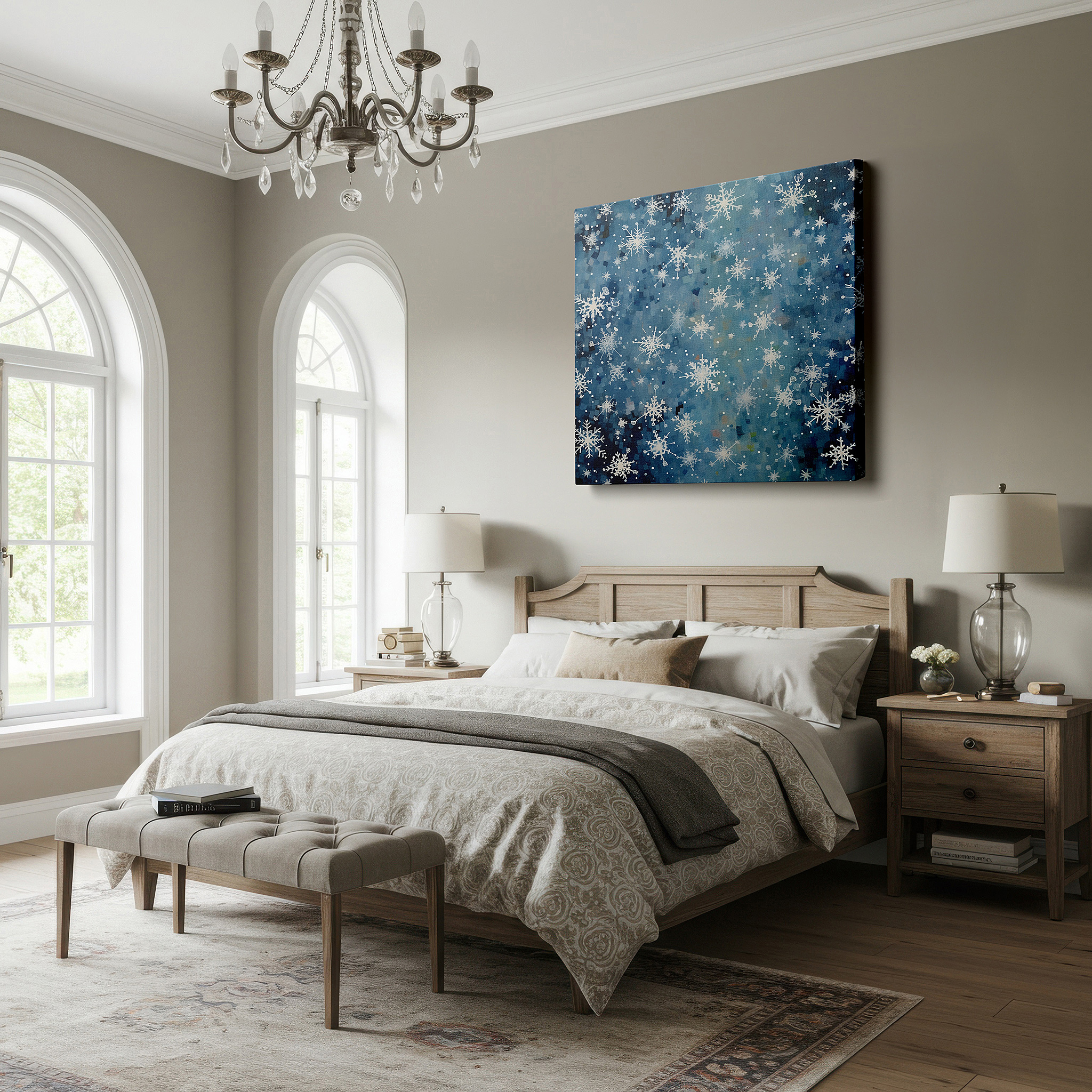 Balanced between two tall indoor plants near a window — winter's embrace: a serene dance of snowflakes against the deep blue night - large canvas wall art for office and bedroom decor